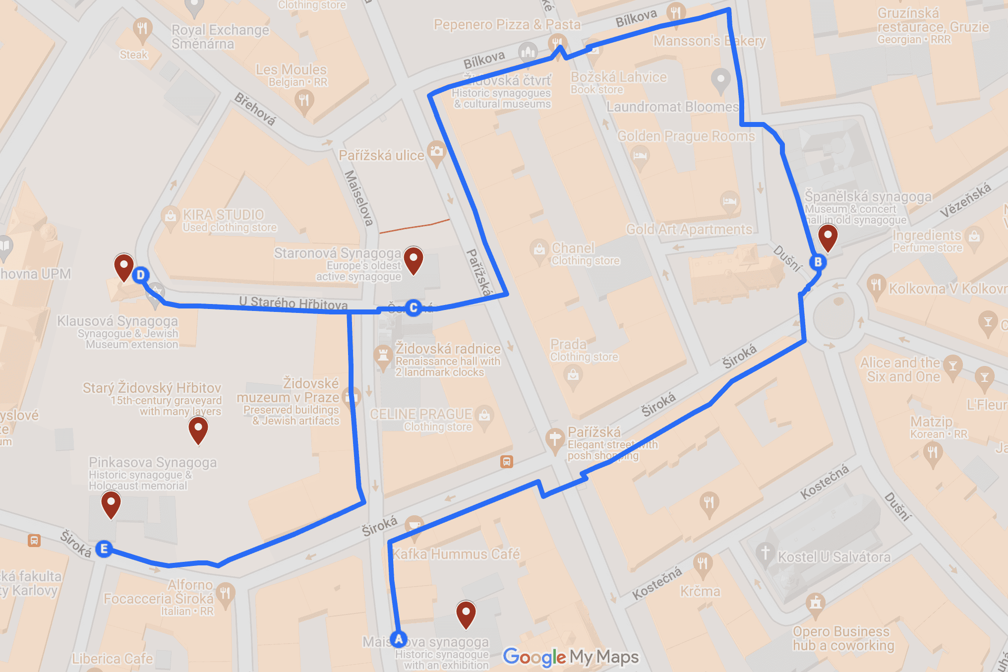 Prague Jewish Quarter Walking Tour Map (source - Google maps)