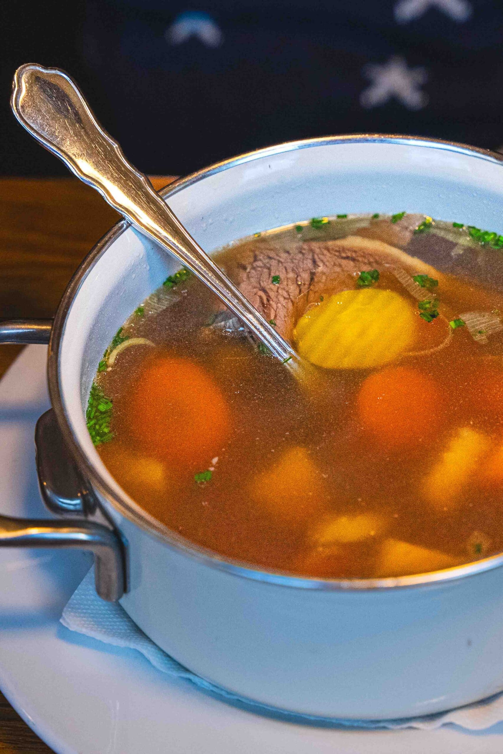 Tafelspitz: A pot with veal boiled in broth with root vegetables which we ate at Gastwirtschaft Schilling in Vienna