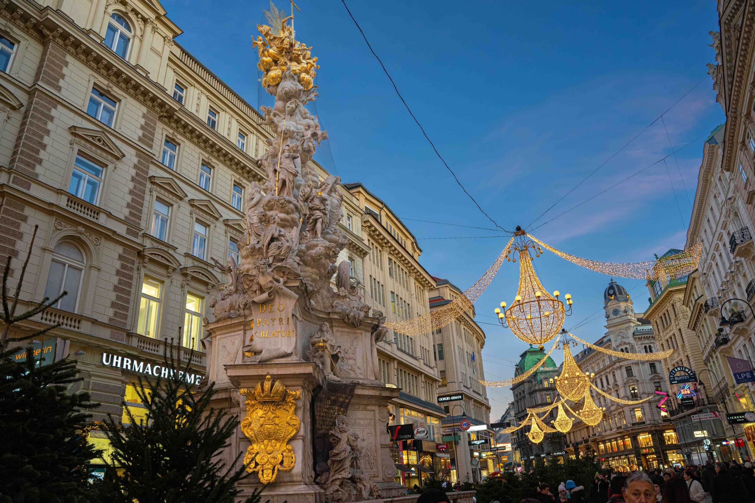 Plague Column (Pestsäule) with Christmas chandeliers on the Graben in central Vienna