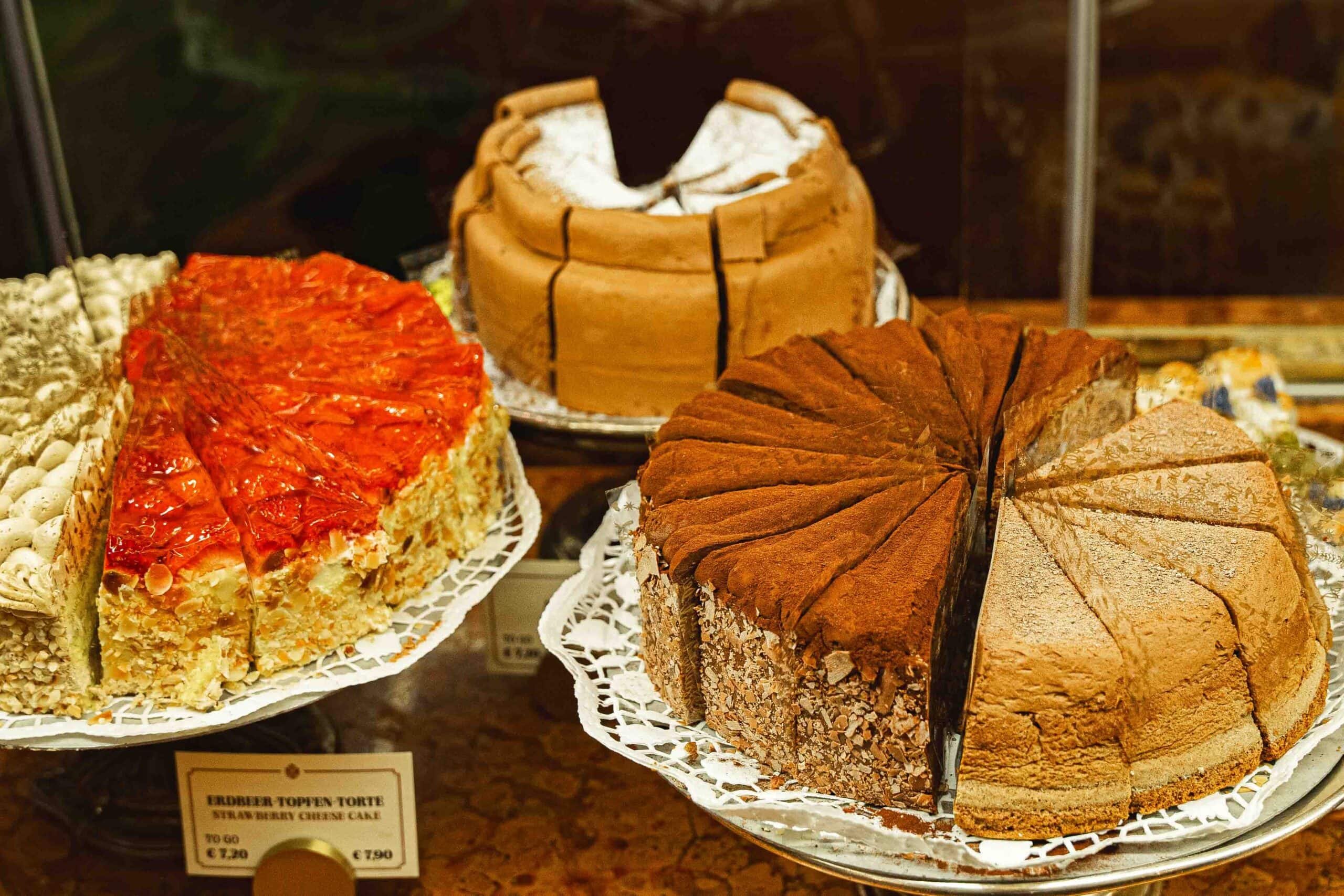 Delicious looking cakes in the display cabinet at Cafe Demel in Vienna