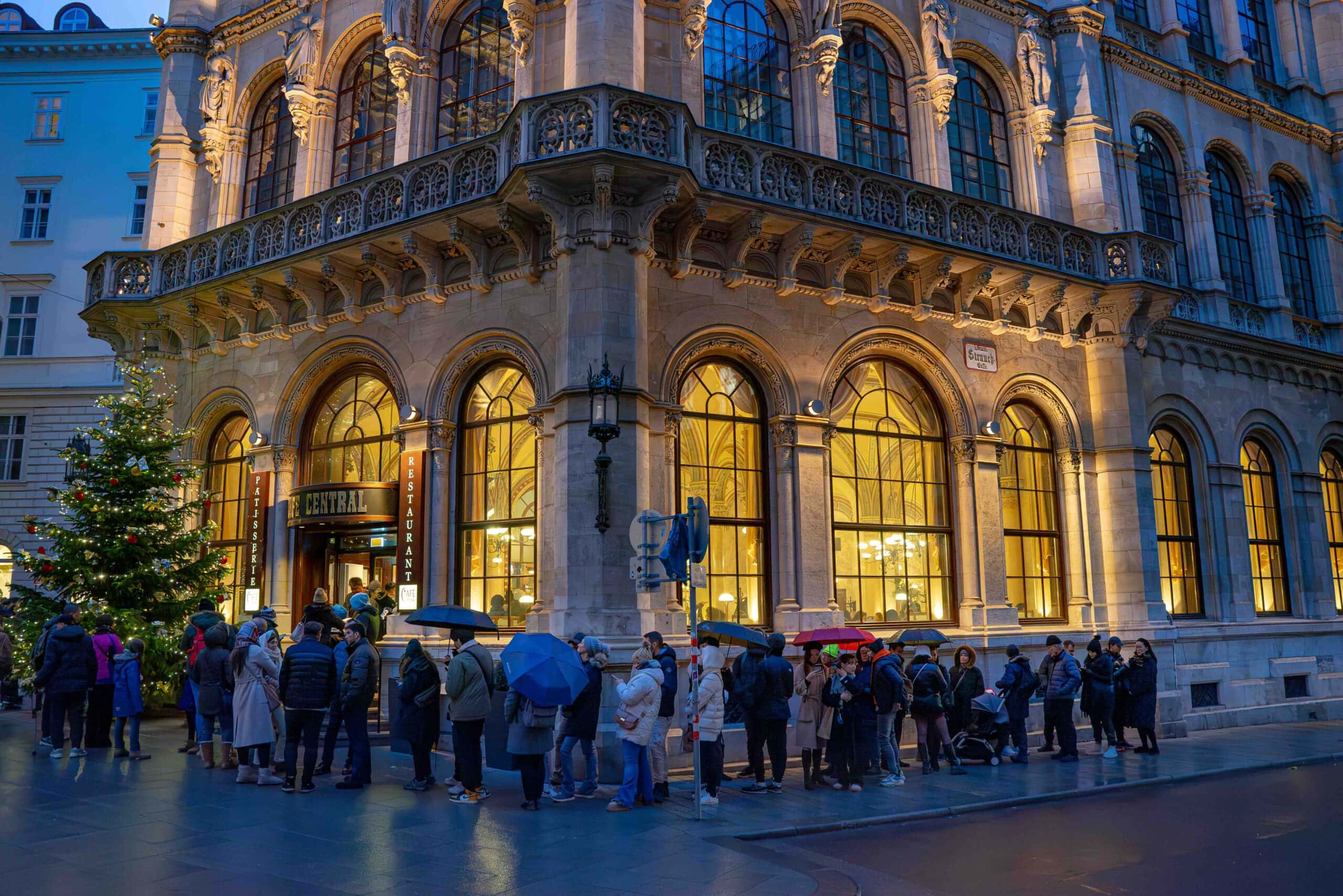 People lining up outside Cafe Central in Vienna