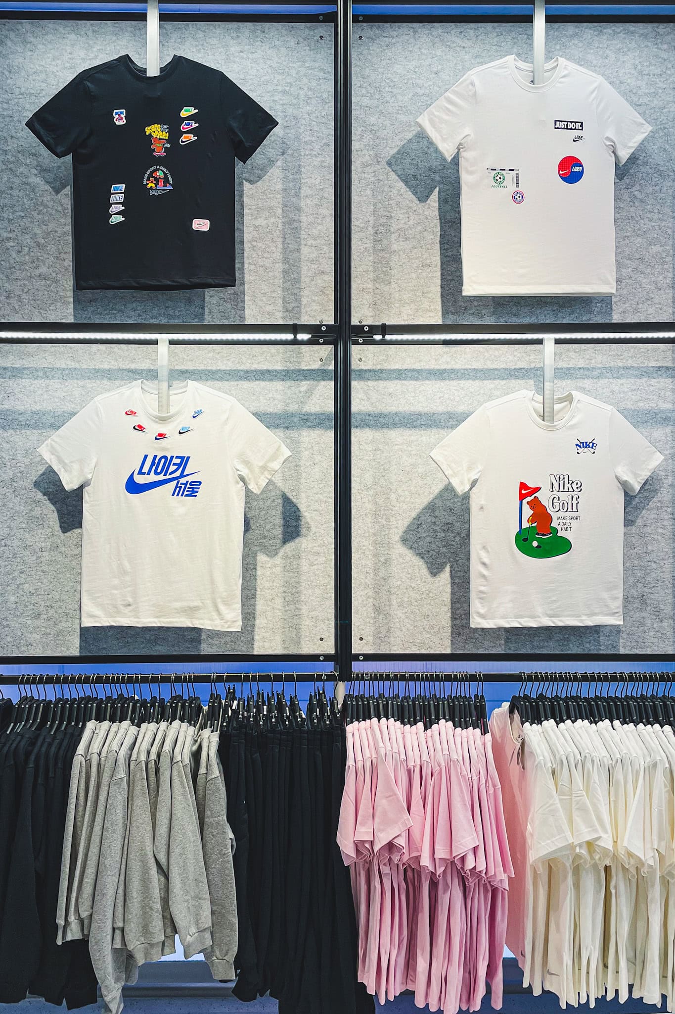 Customized Nike shirts at the Nike store in Dongdaemun. Some of the designs feature hanguel or nike-branded Korean flags