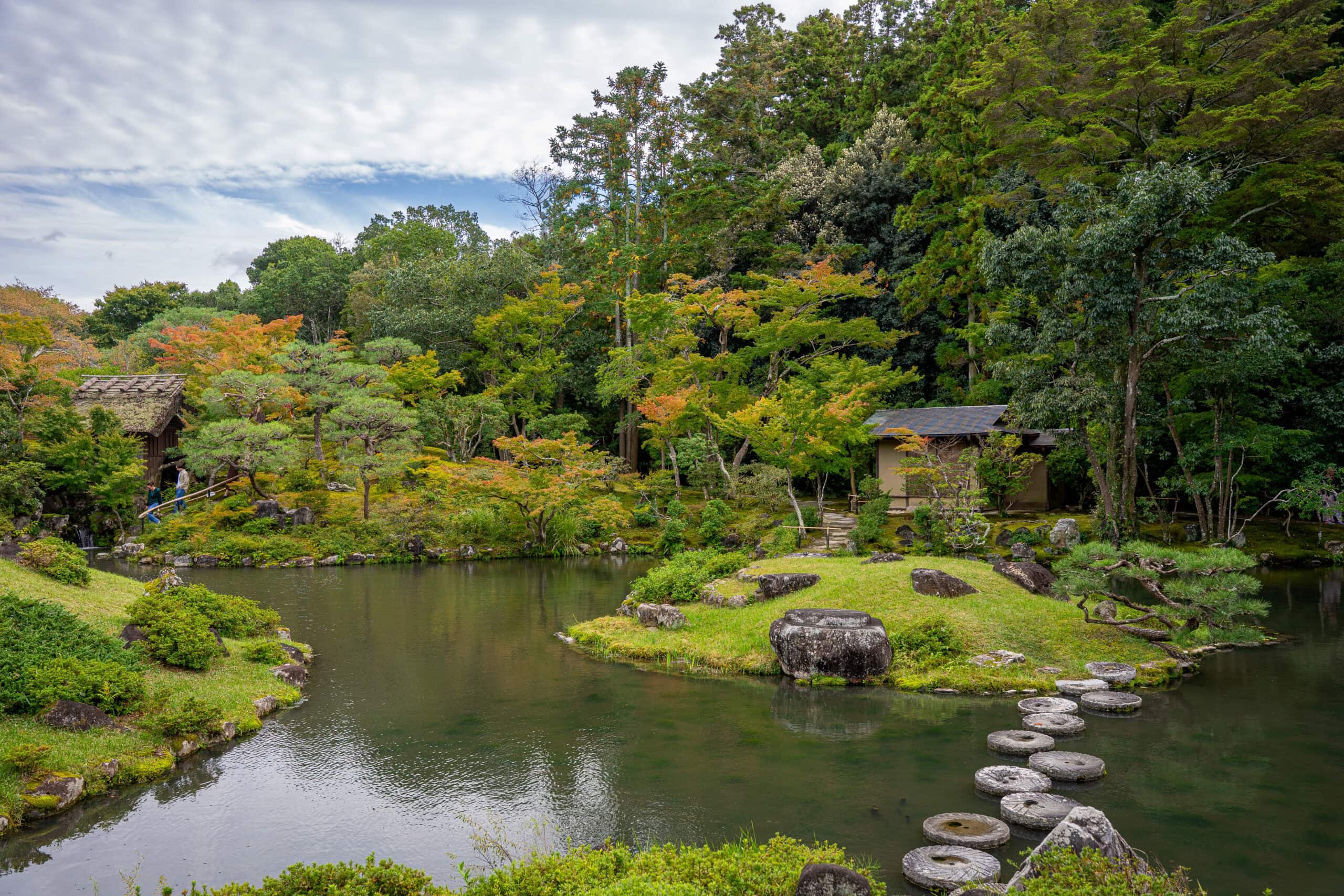 Pond with stepping stones at Isuien Garden