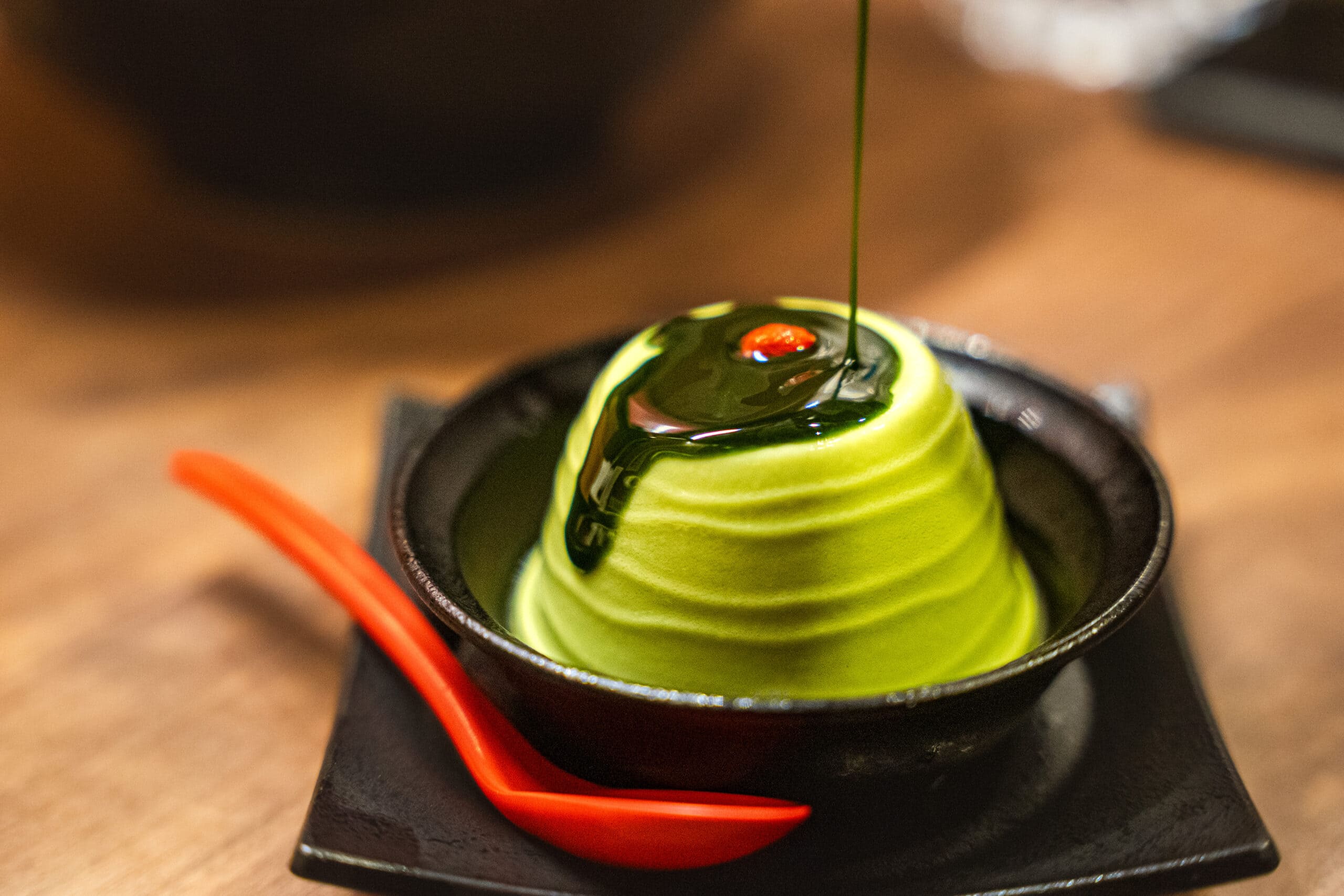 Matcha milk pudding that we shared at ICHIRAN Ramen in Hiroshima