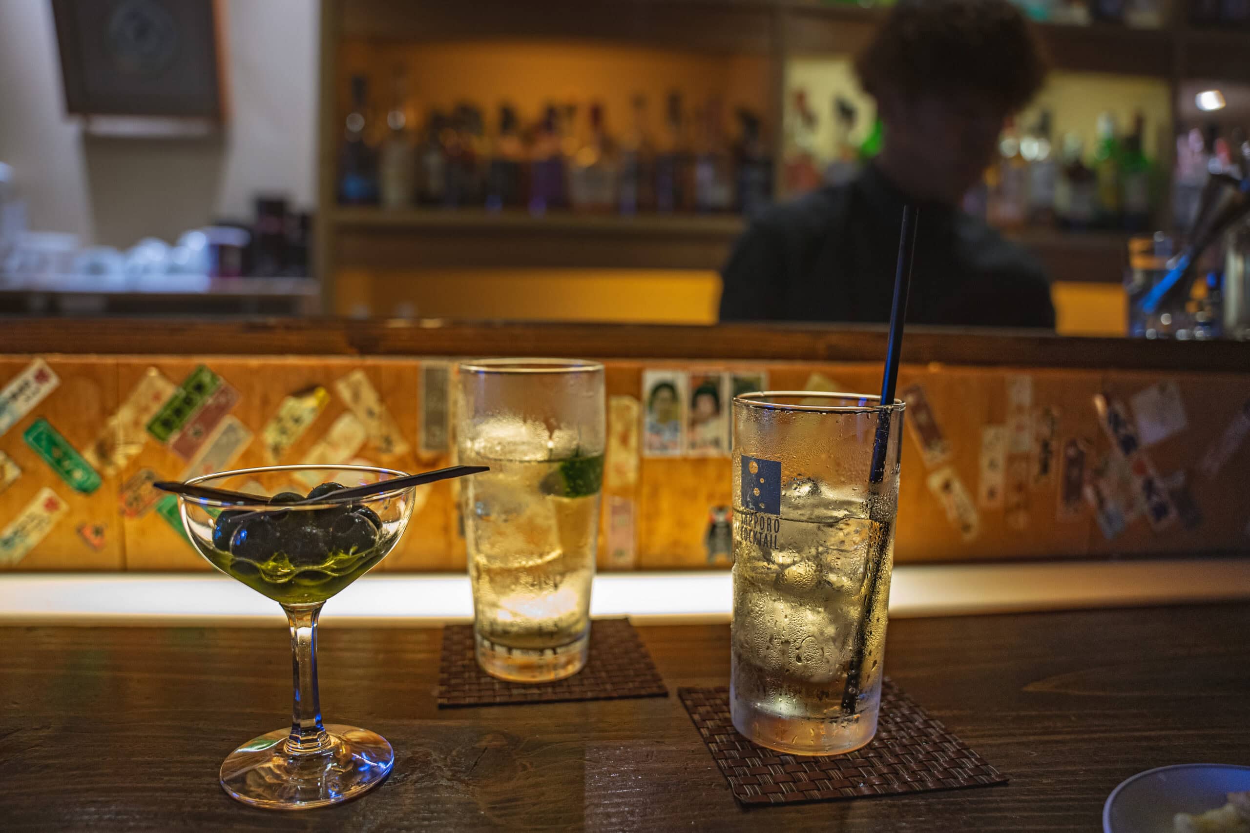 Our drinks (whisky and sake highballs) with a portion of olives we had at a bar in Pontocho Alley