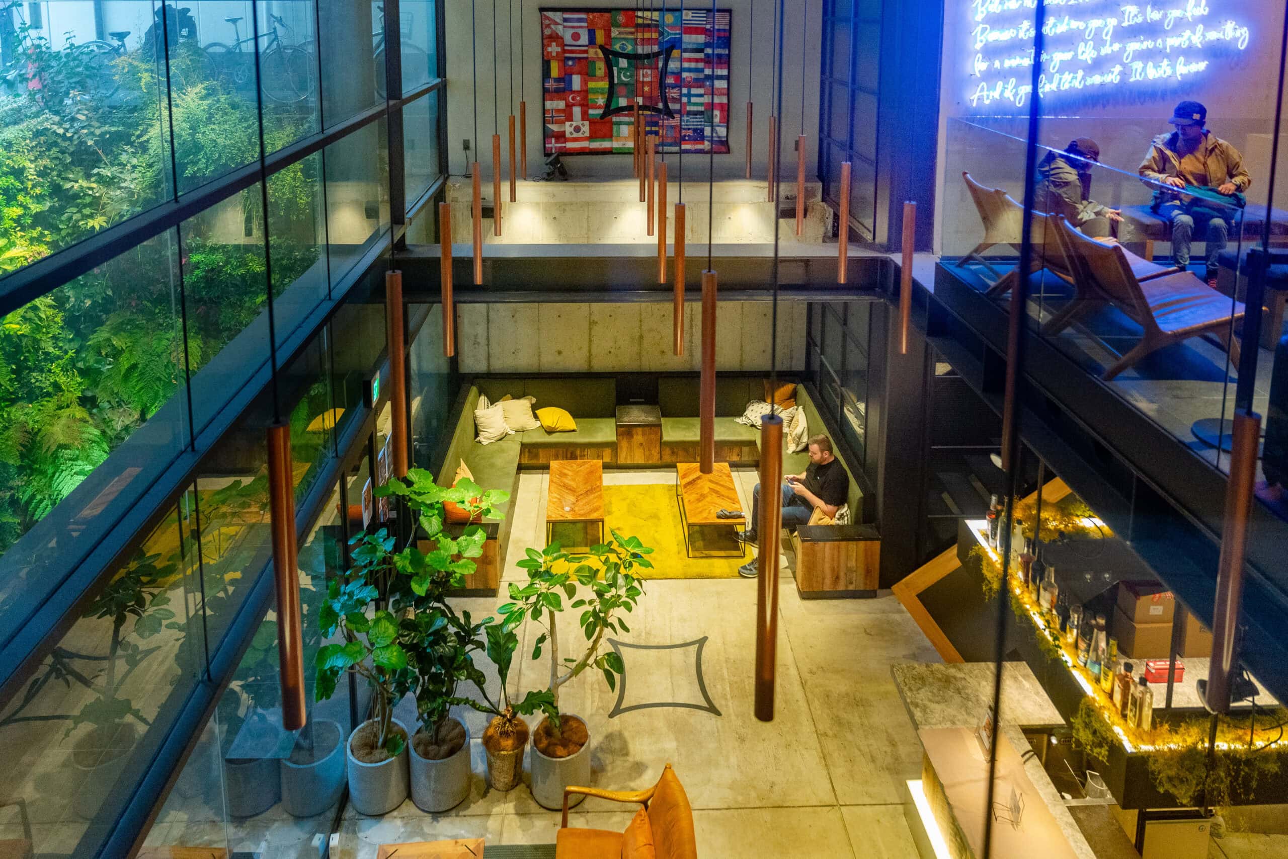 Common area at Piece Hostel Sanjo in Kyoto, we we stayed during our 4 days in Kyoto
