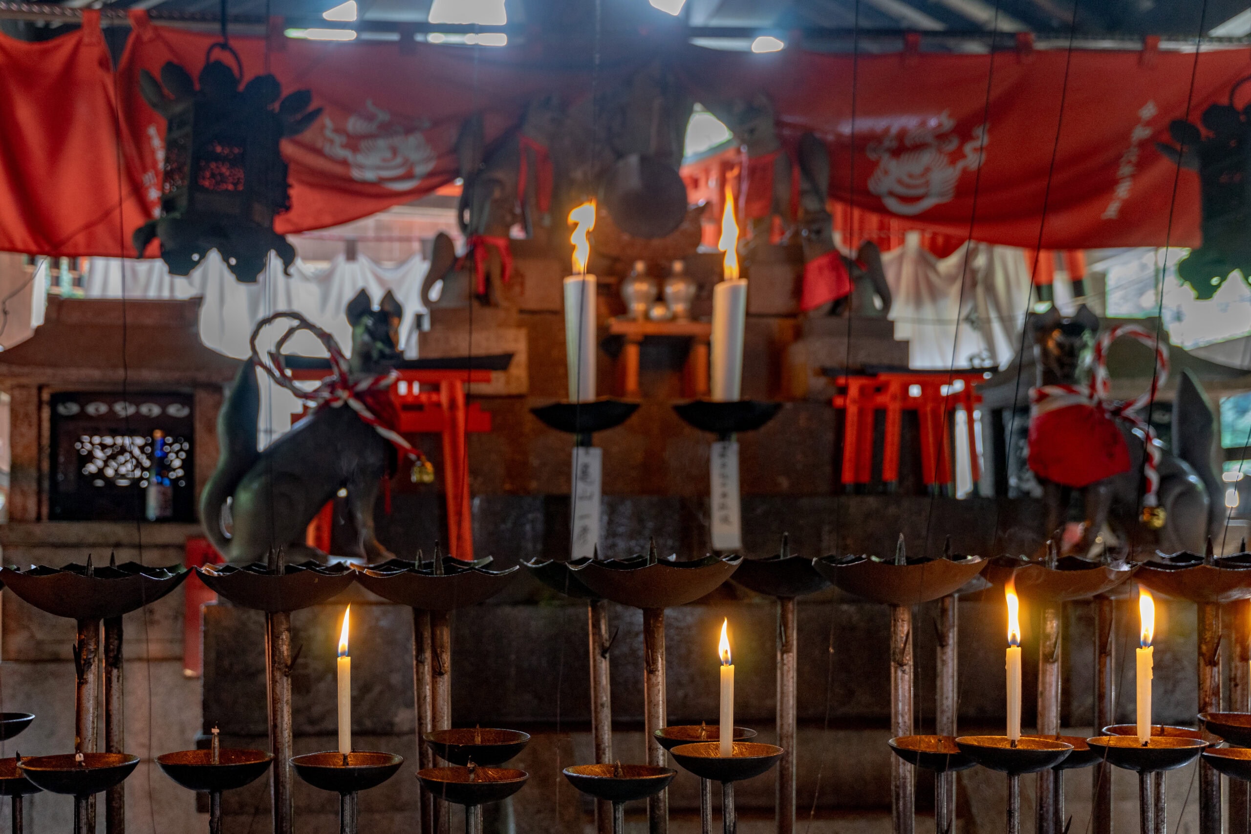 A shrine with burning candles and fox statues