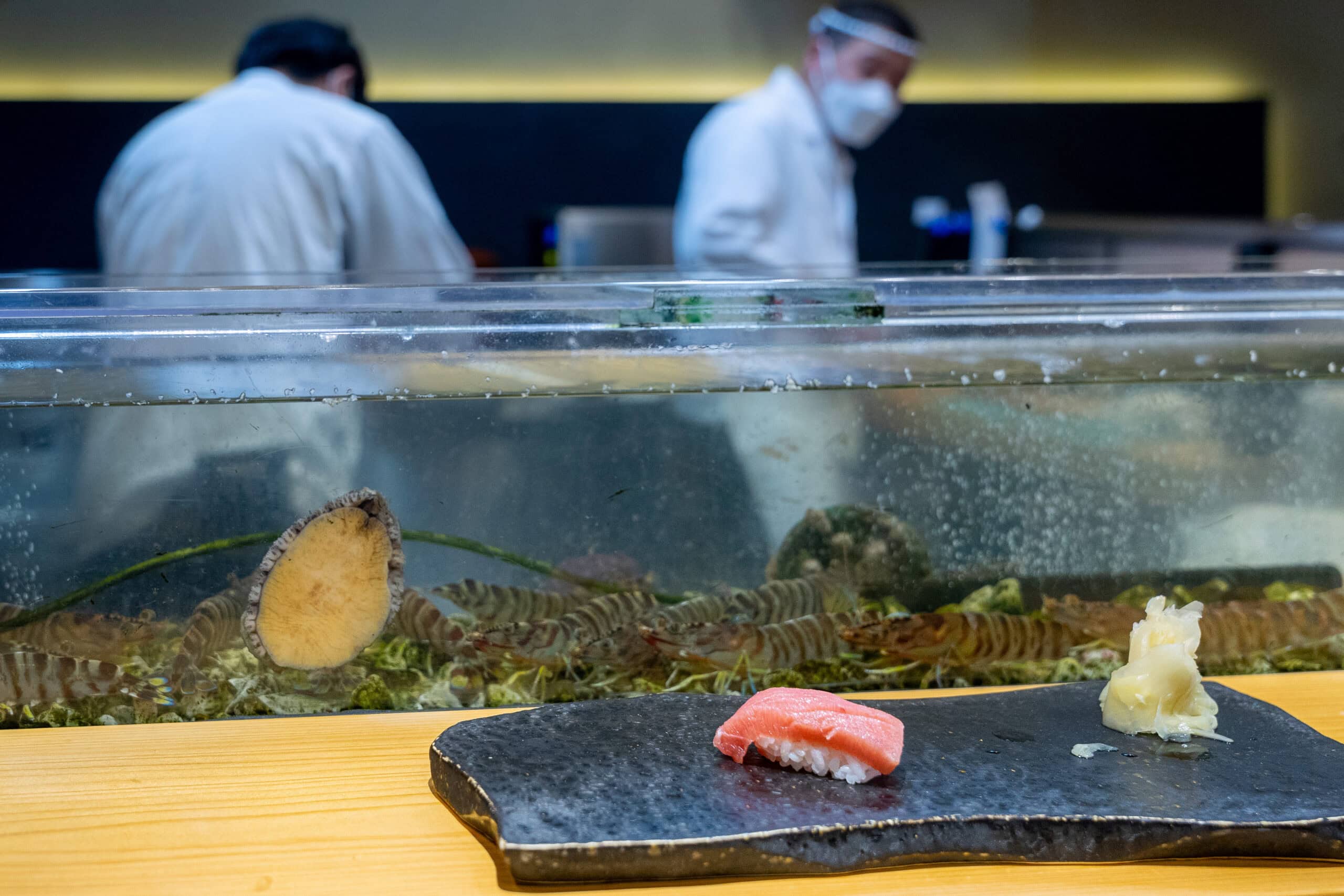 A piece of tuna sashimi and yellow ginger served on black slate that we had as part of our omakase lunch at Sushi Hiro. Just behind the sushi is a tank full of live shrimp and an abalone