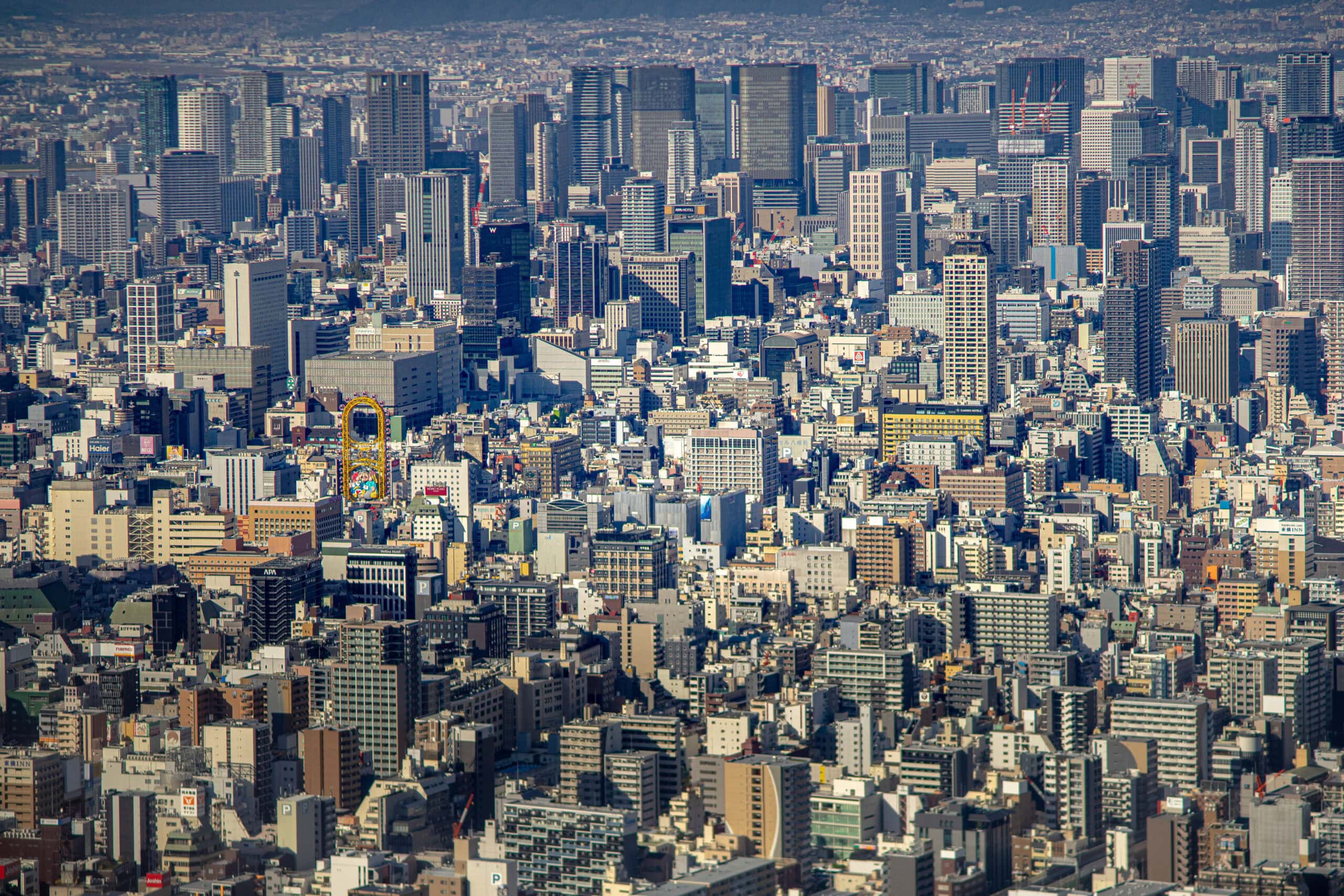The view of Osaka from the Harukas 300 Observatory looking toward Dotonburi