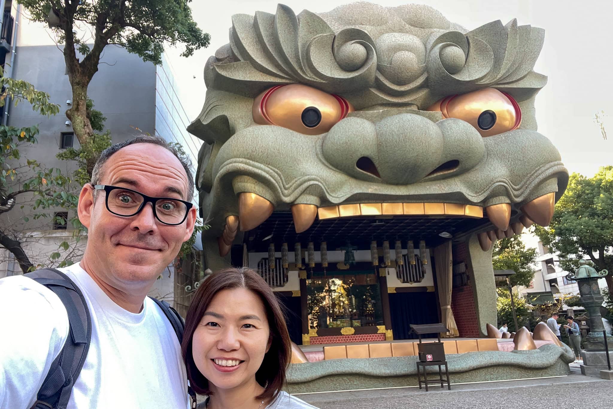 A selfie of us in front of the Namba Yasaka Shrine
