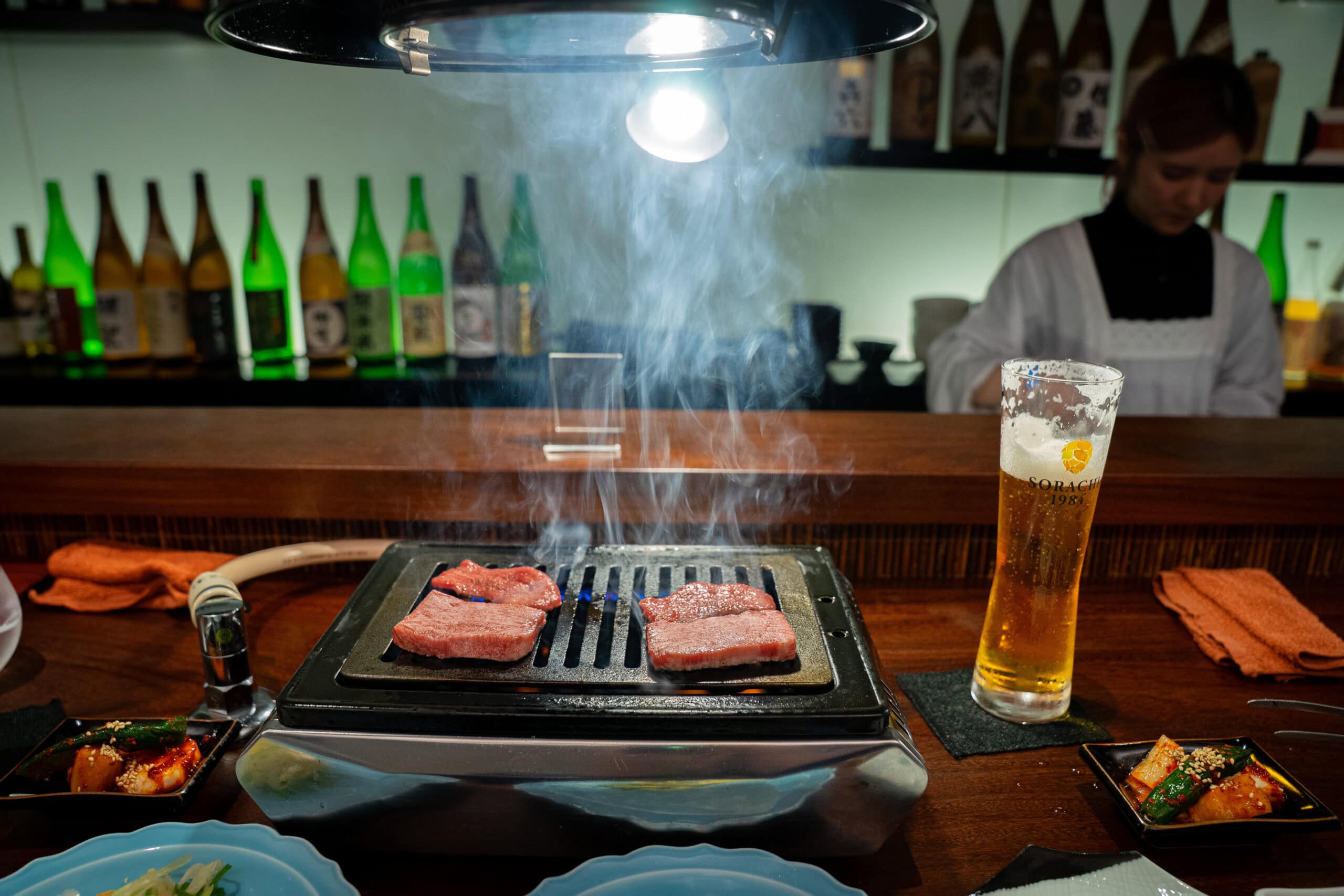 We are grilling wagyu at Yakiniku Asuka in Kyoto