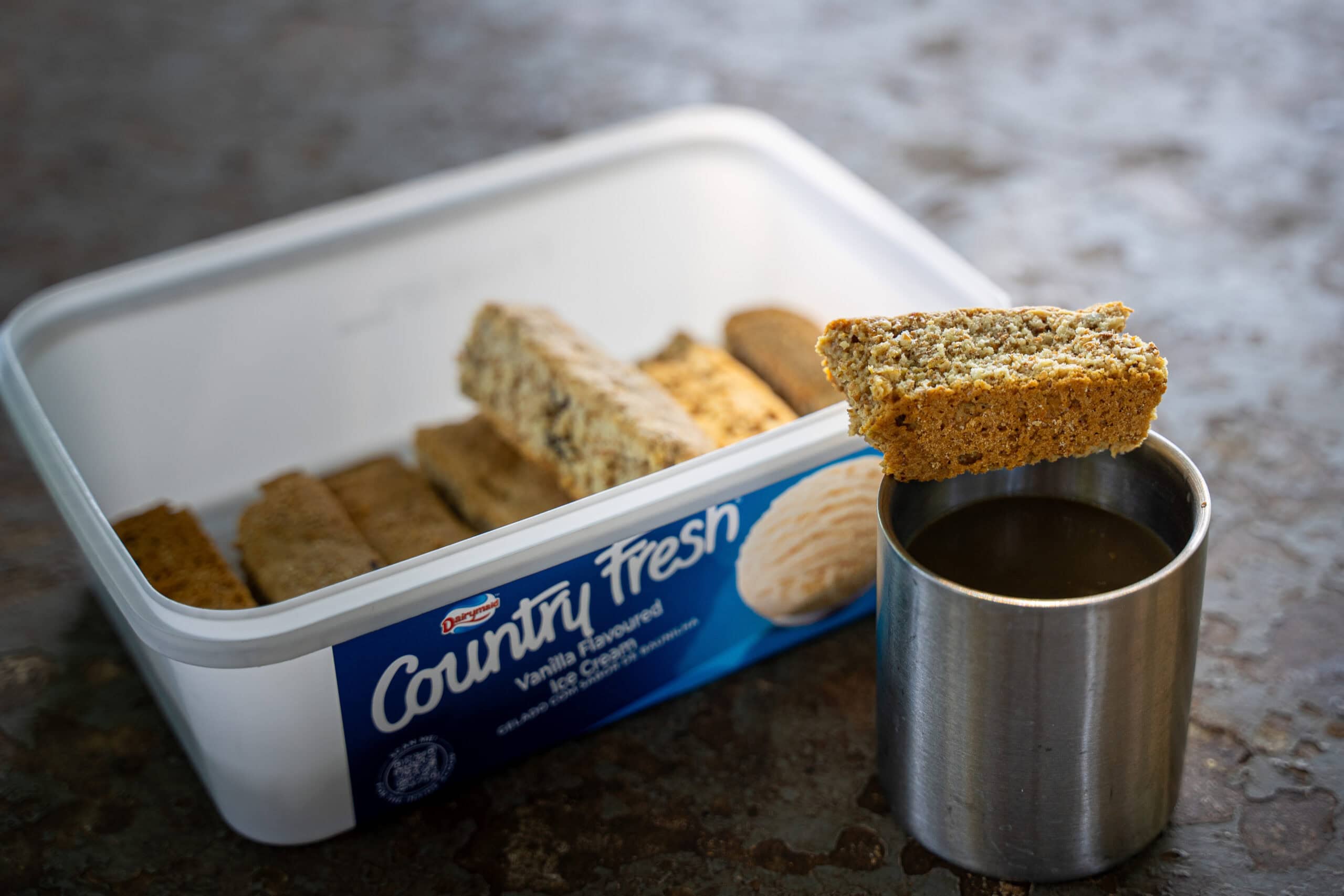 A rusk (beskuit) balances on a cup of coffee. This was my snack during my self drive trip to Kruger park