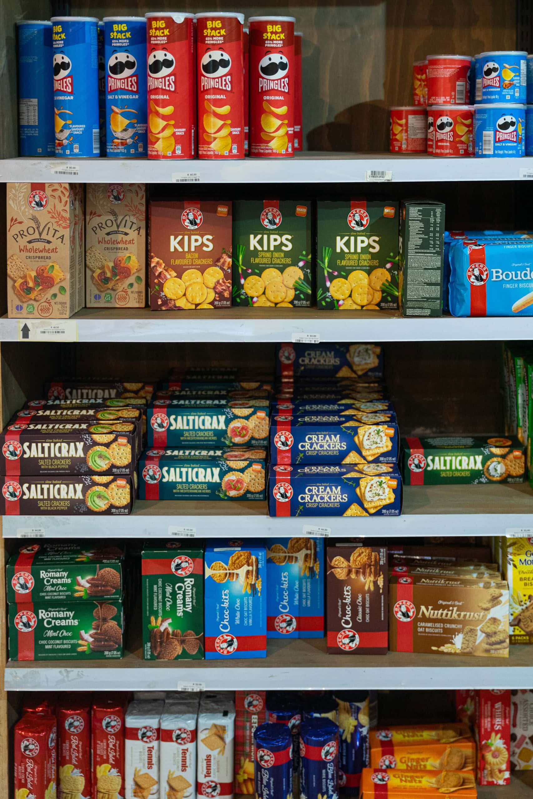 Cookies, crackers and pringles for sale at Shingwedzi Park Shop