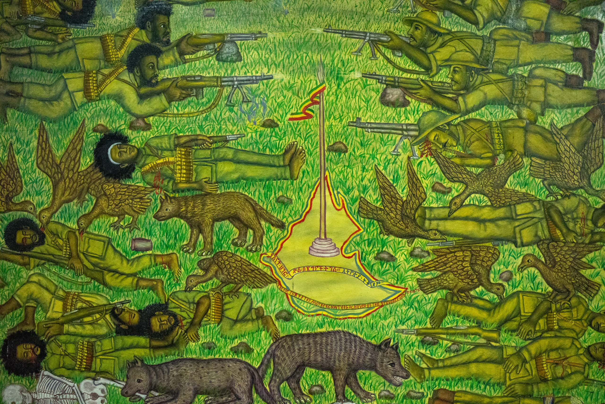 Painting depicting a war scene in Ethiopia. Vultures and hyenas are eating the corpses while others keep on fighting. National Museum of Ethiopia