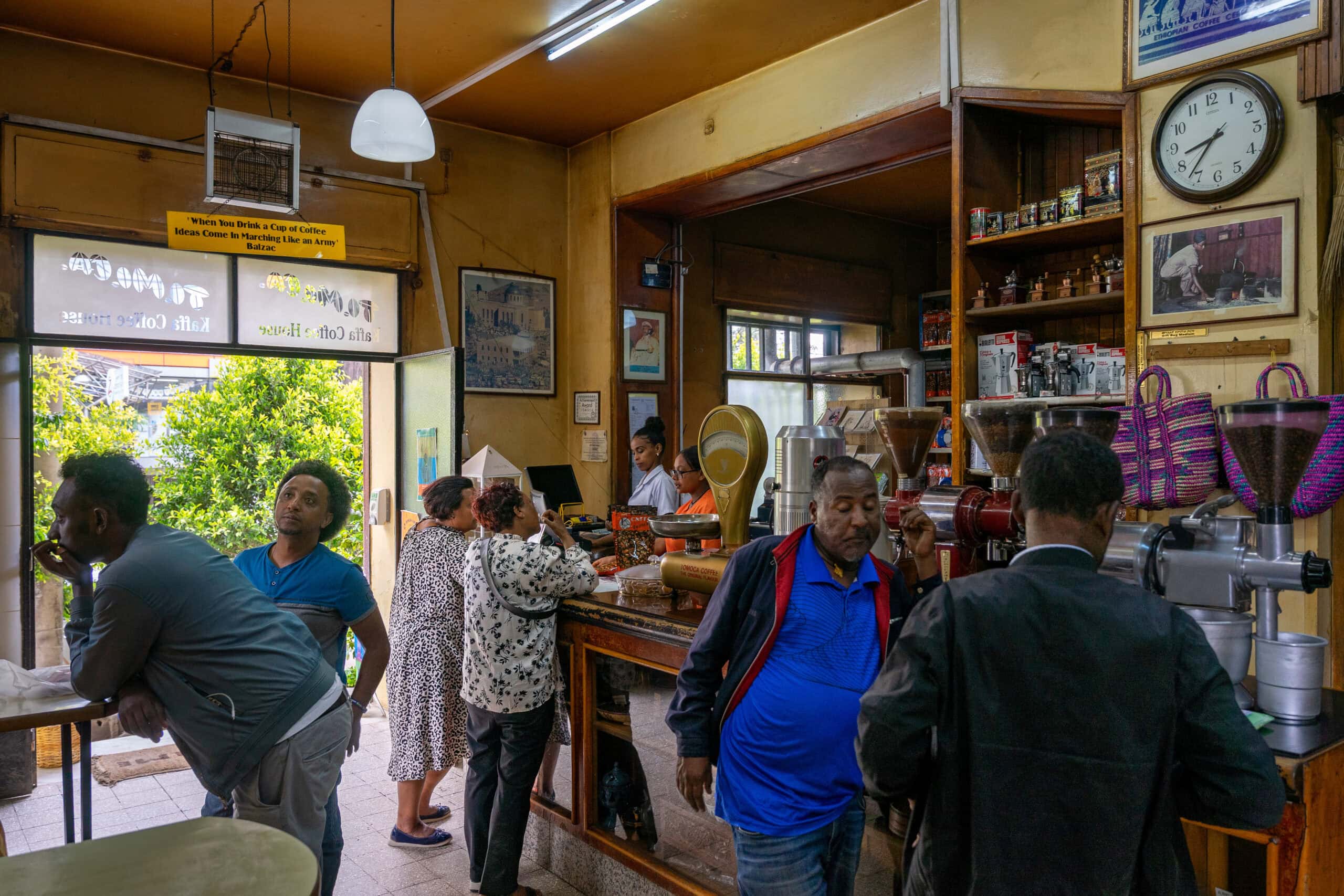 People stand inside Tomoca Coffee in central Addis Ababa