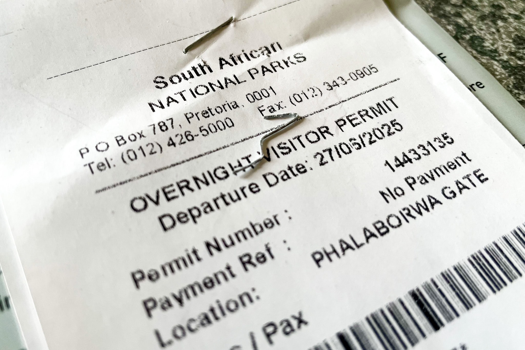 My SANParks receipt of overnight visitor's permit issued at Phalaborwa Gate during my 4-day self drive safari to Kruger Park, South Africa