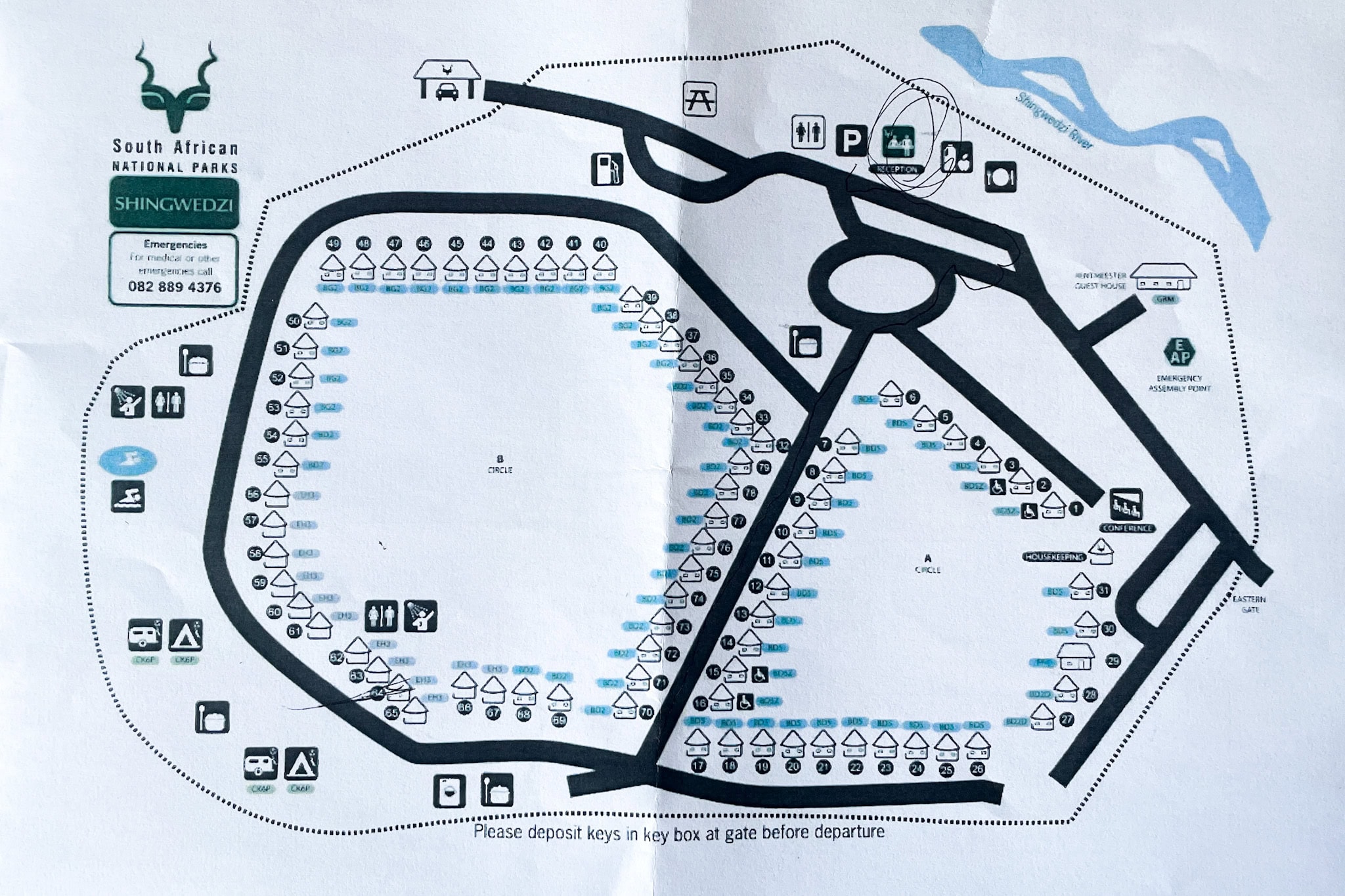 A photocopied map showing the layout of Shingwedzi Camp, Kruger