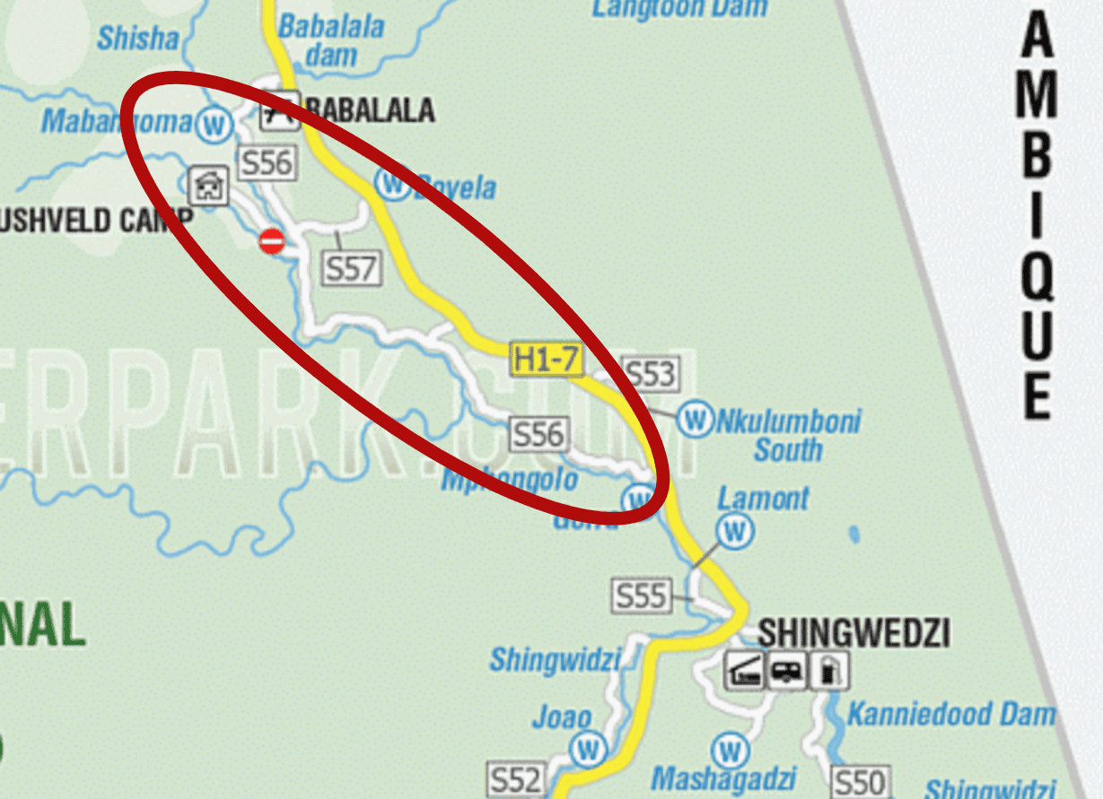 A map showing the location of the Mphongolo Loop. The S56 runs between Shingwedzi and Babalala Picnic site and is considered one of the best drives in Kruger