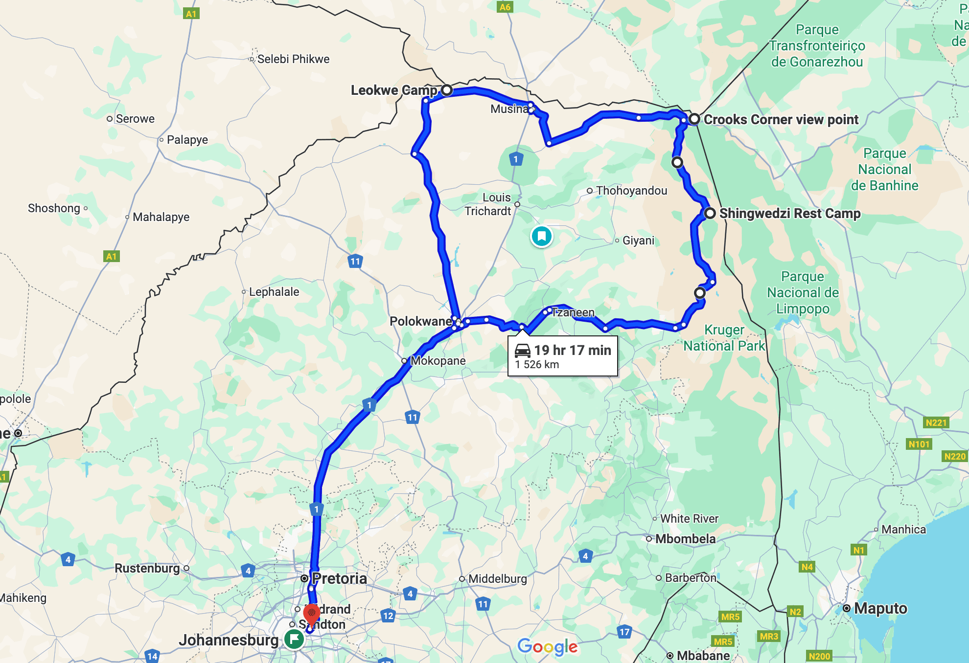 Our Limpopo Road Trip Map, a screen shot from Google Maps showing our 1526 km journey