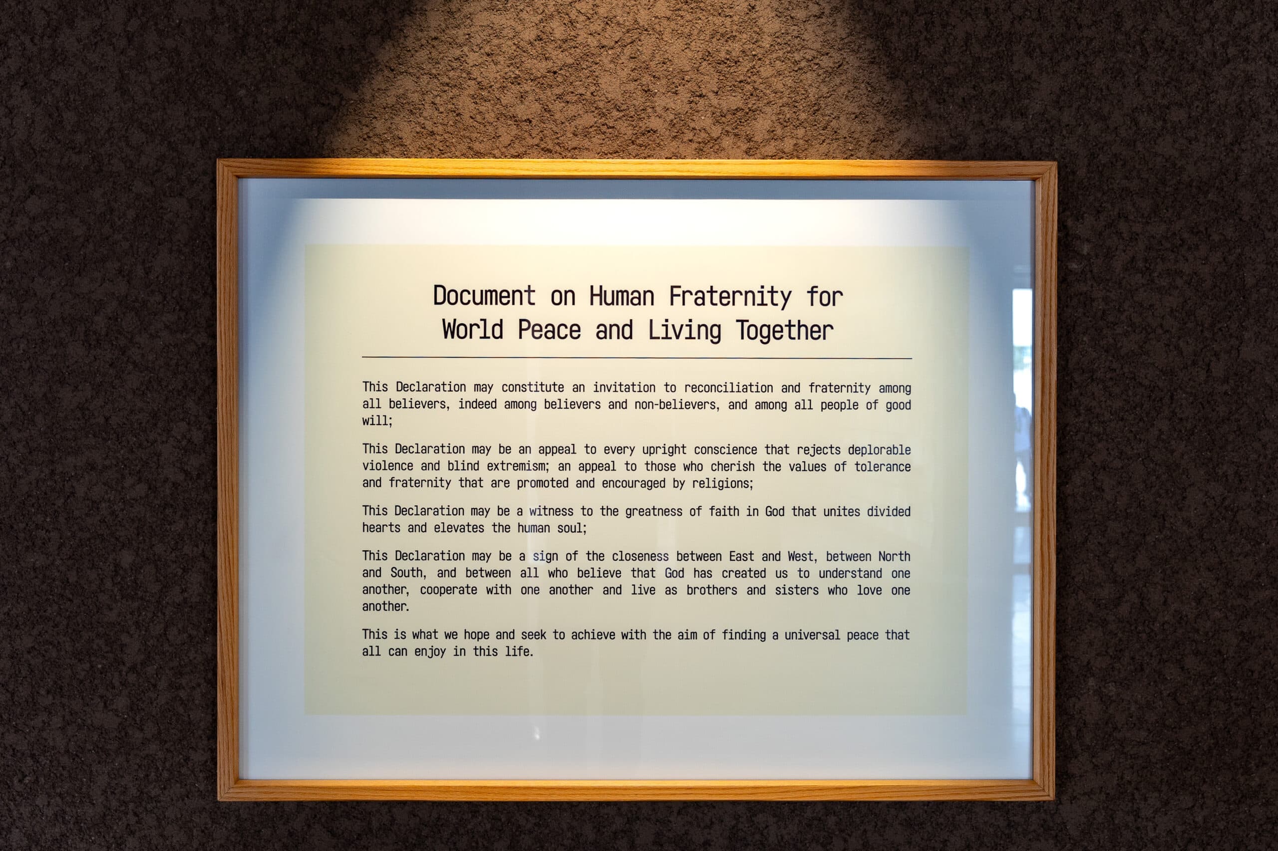 A framed Document on Human Fraternity for World Peace and Living Together, seen at the Abrahamic Family House Abu Dhabi