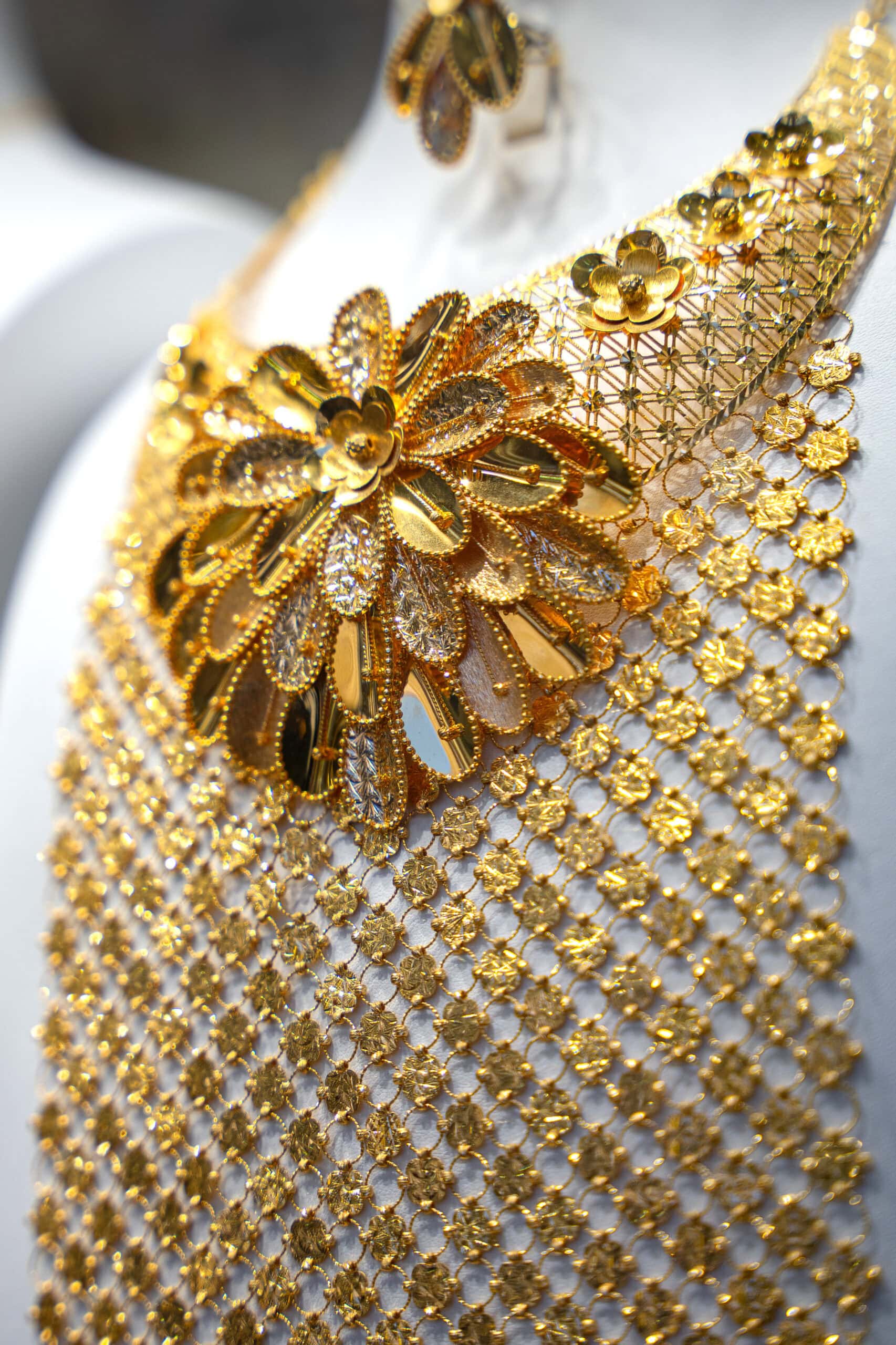 A detail of ornate gold necklace in Dubai Gold Souq