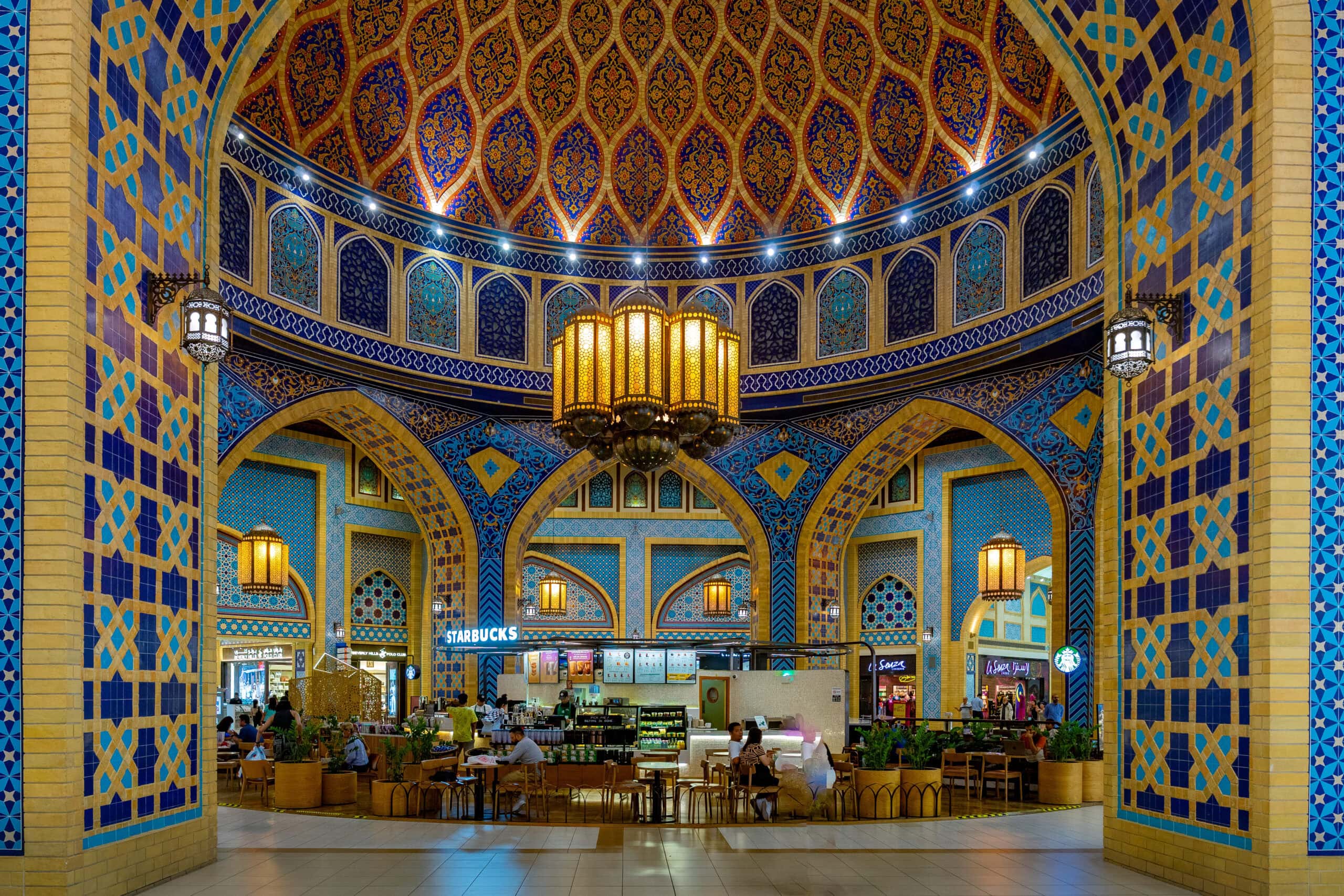 Starbucks in the Ibn Battuta Mall, Dubai. It looks like a Persian Palaca with colourful tiles