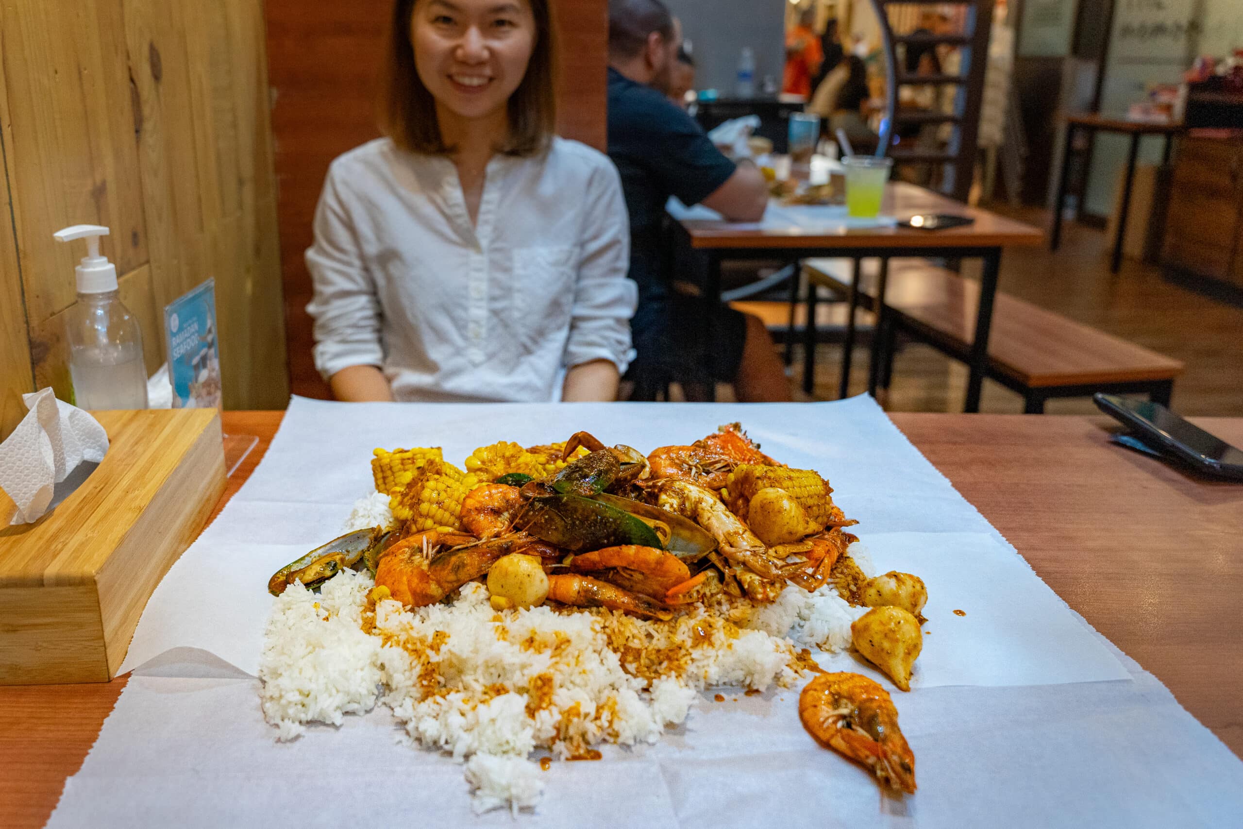 A seafood boil served on the table at Off the Hook, Ibn Battuta Mall, Dubai