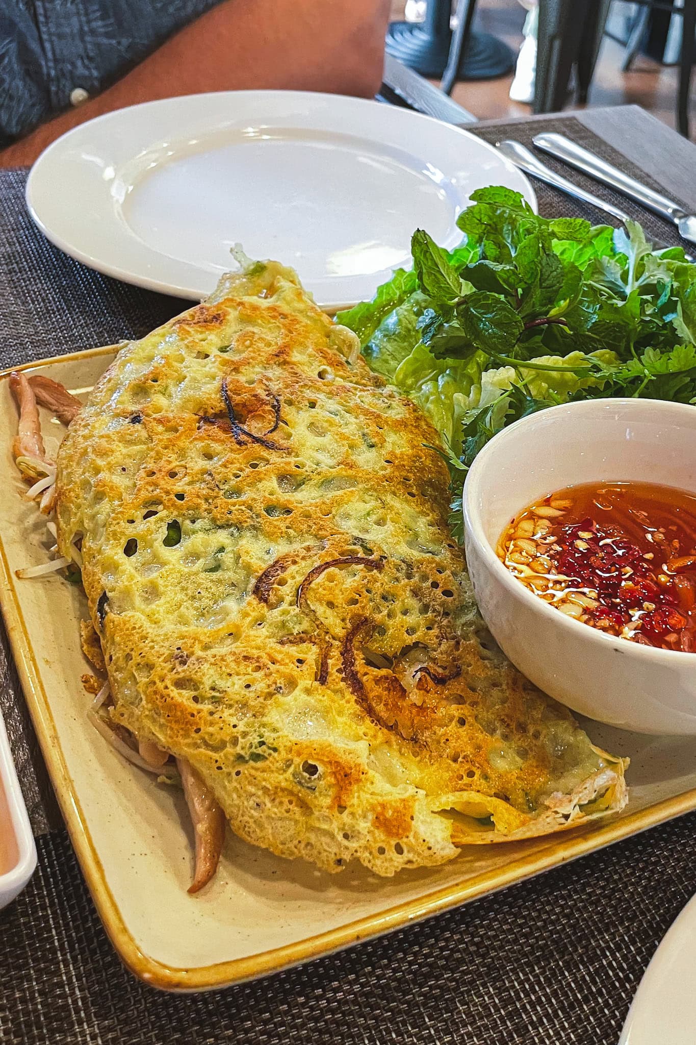 Ban Xeo, a crispy Vietnamese pancake stuffed with bean sprouts and fresh herbs, that we had at Vietnamese Pho on Al Reem Island, Abu Dhabi