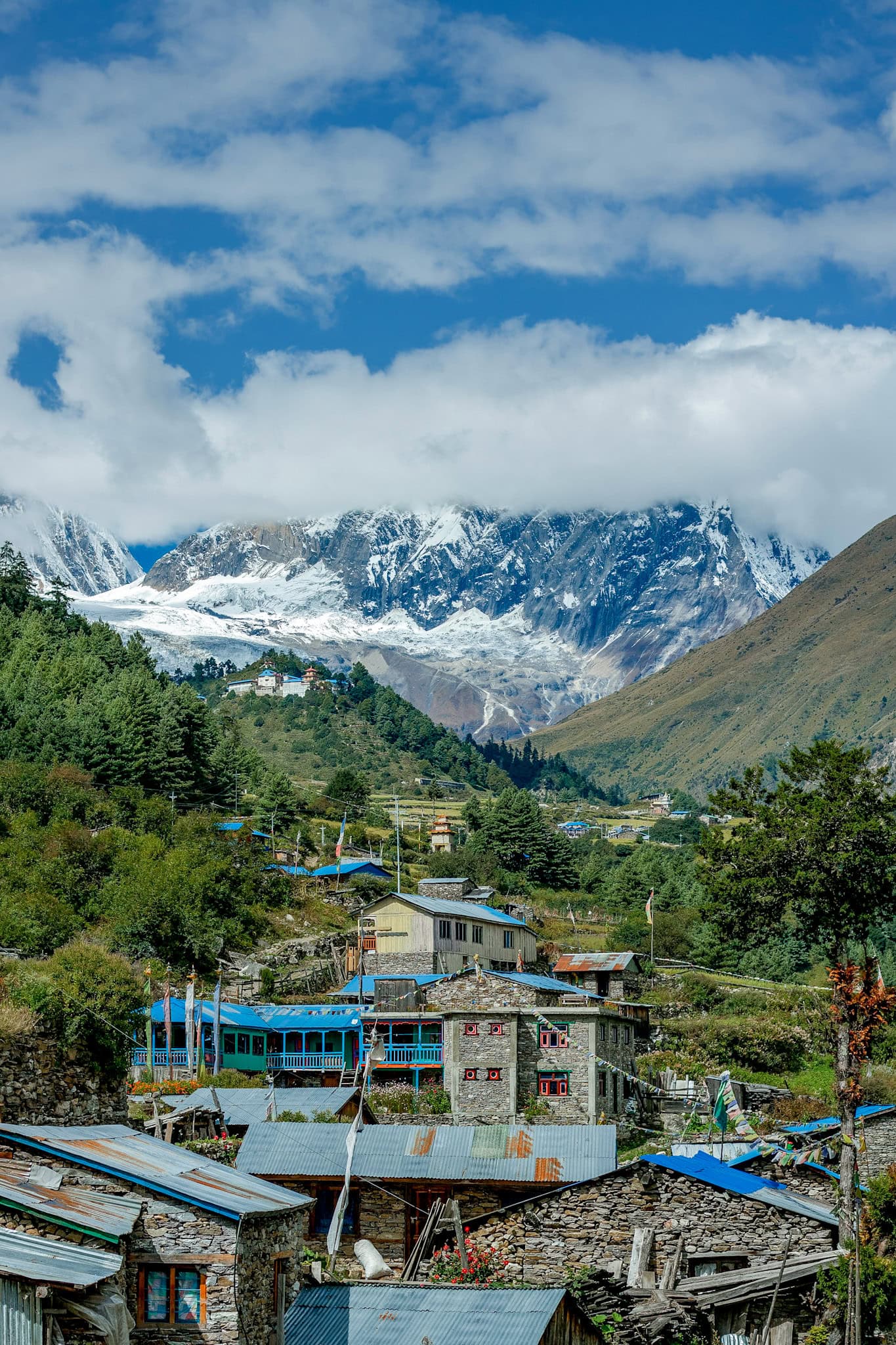 Mountain village with snow-capped peaks in the background, lush green hillside, and colorful traditional houses in a remote travel destination.