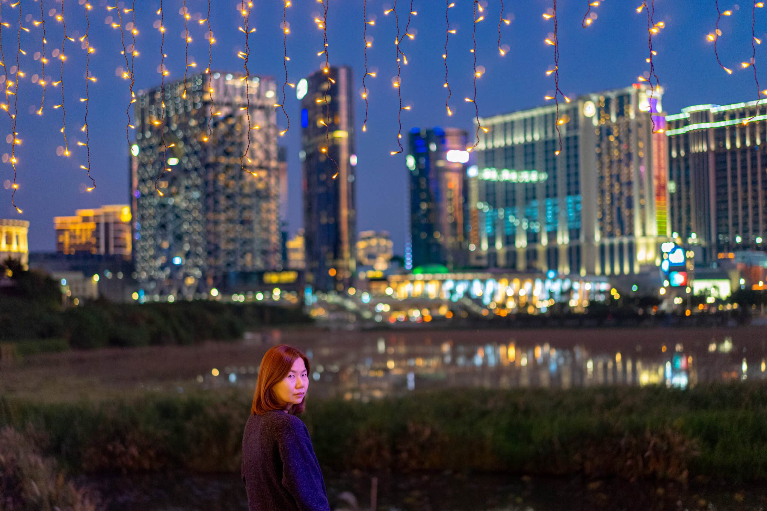 The Cotai Strip, seen from the Taipa Wetland at night.