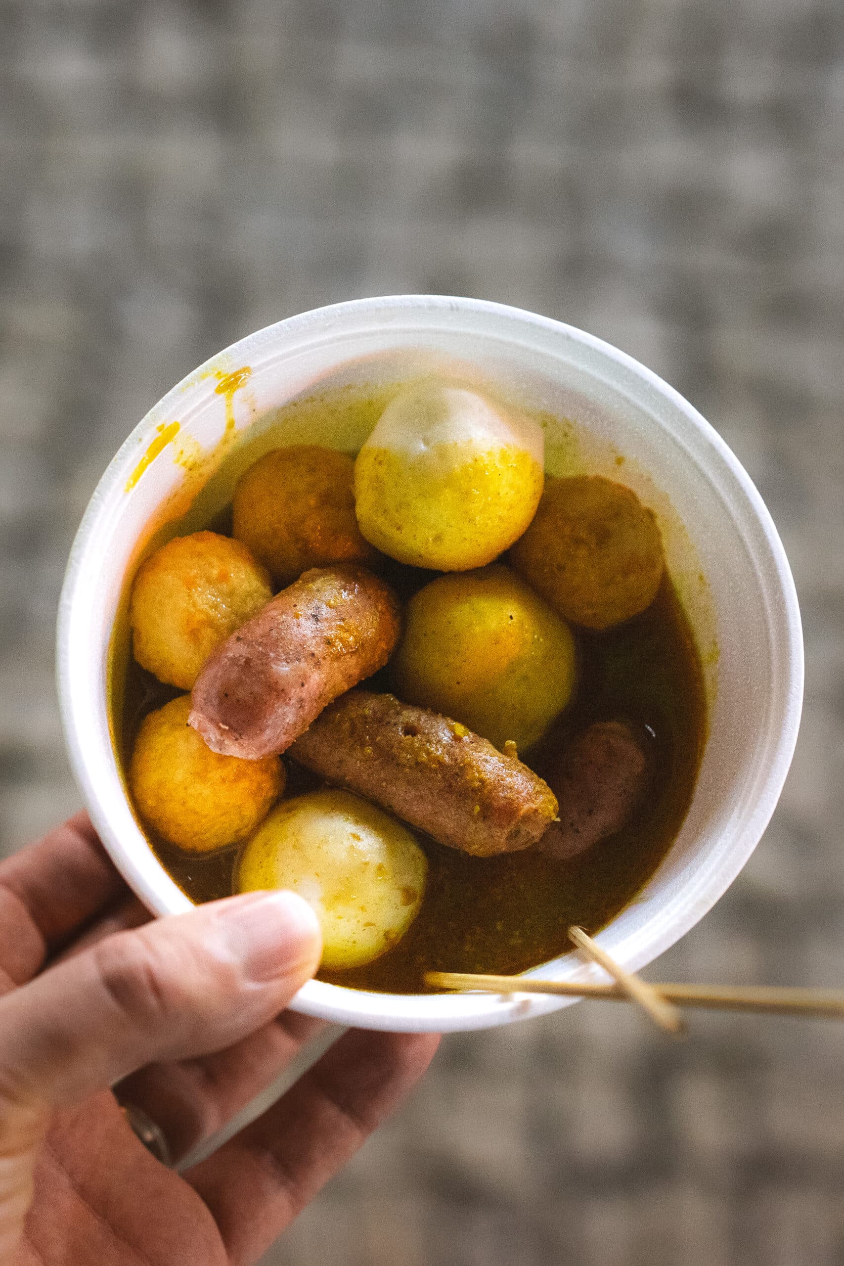 Curry sausages and fish balls we had in Taipa