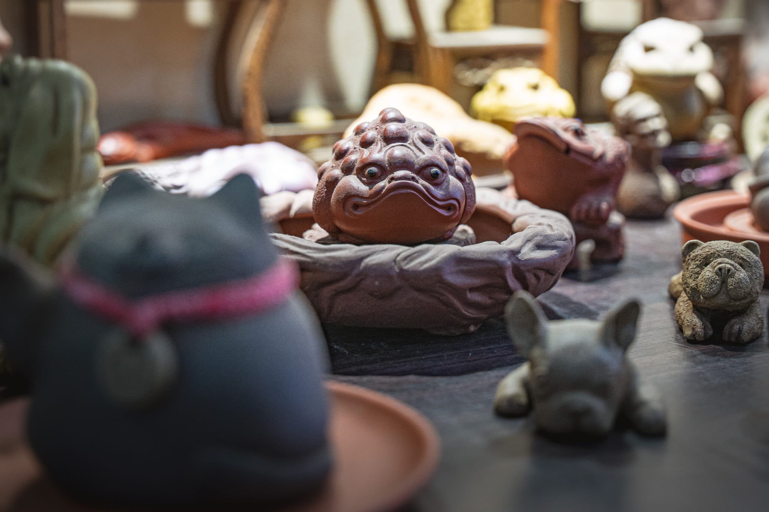 A selection of tea pets. There is one that looks like a bullfrog