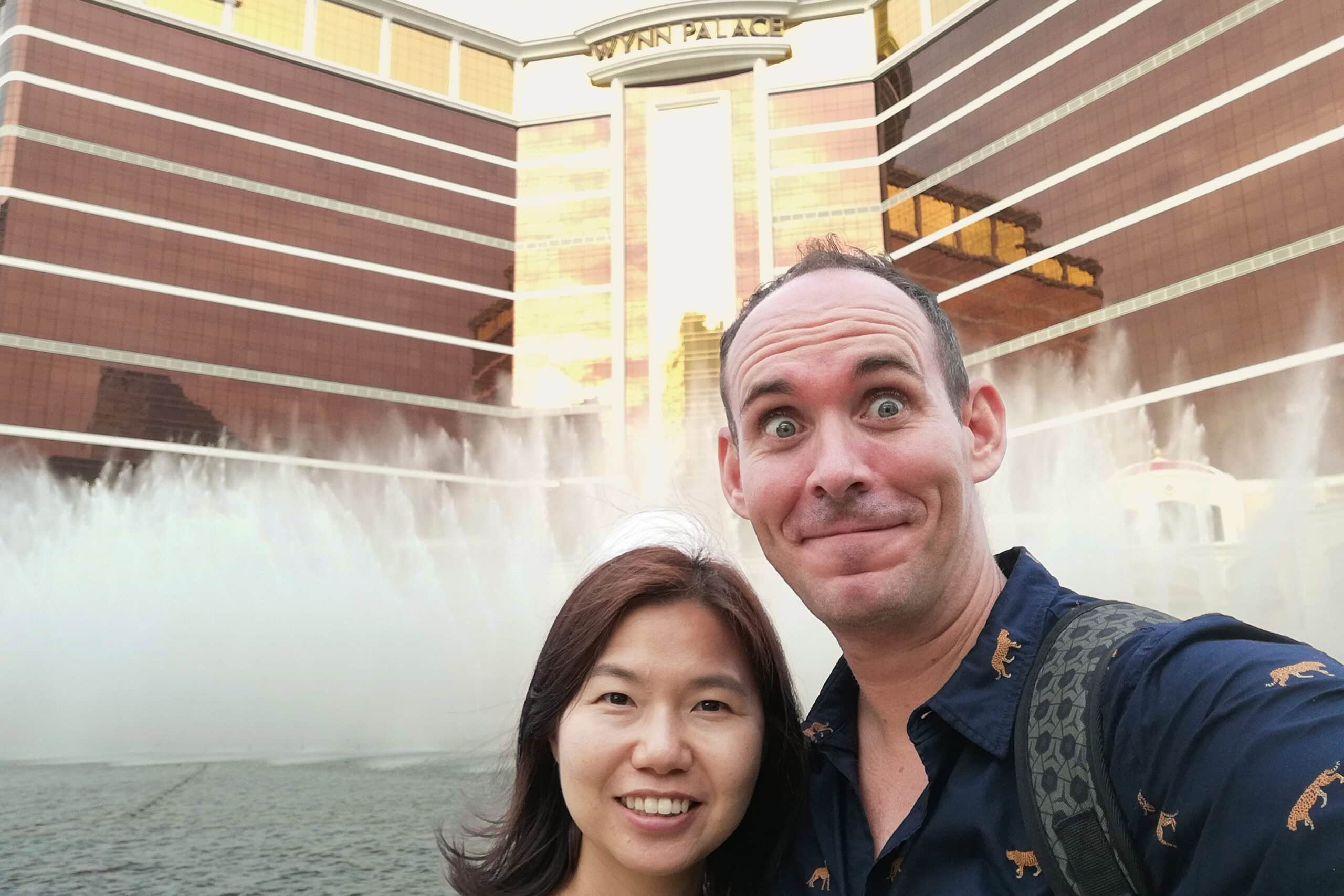 A selfie of us in front of the Wynn Palace Fountain show in Macau