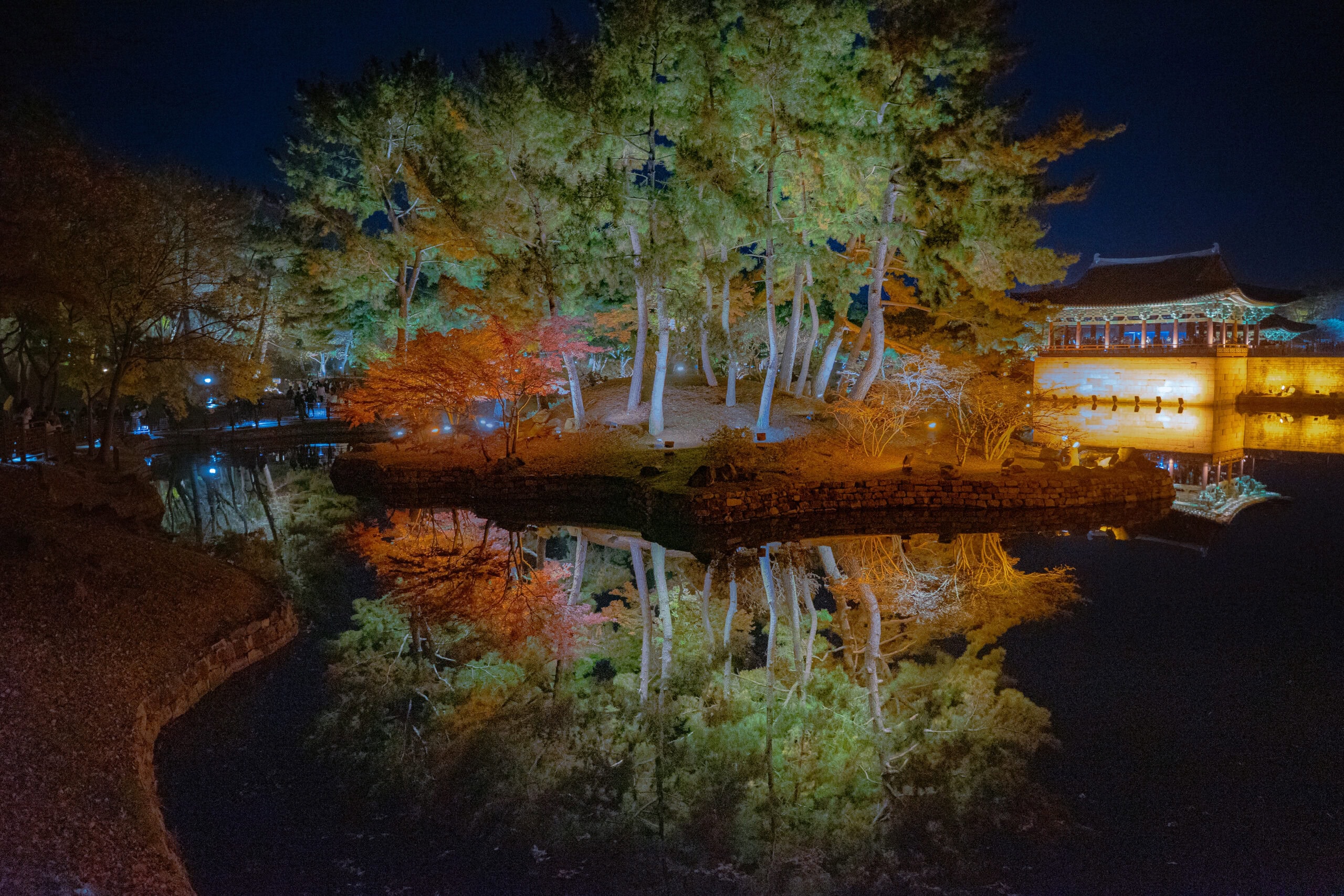 Donggung Palace with trees reflected in the Wolji Pond at night