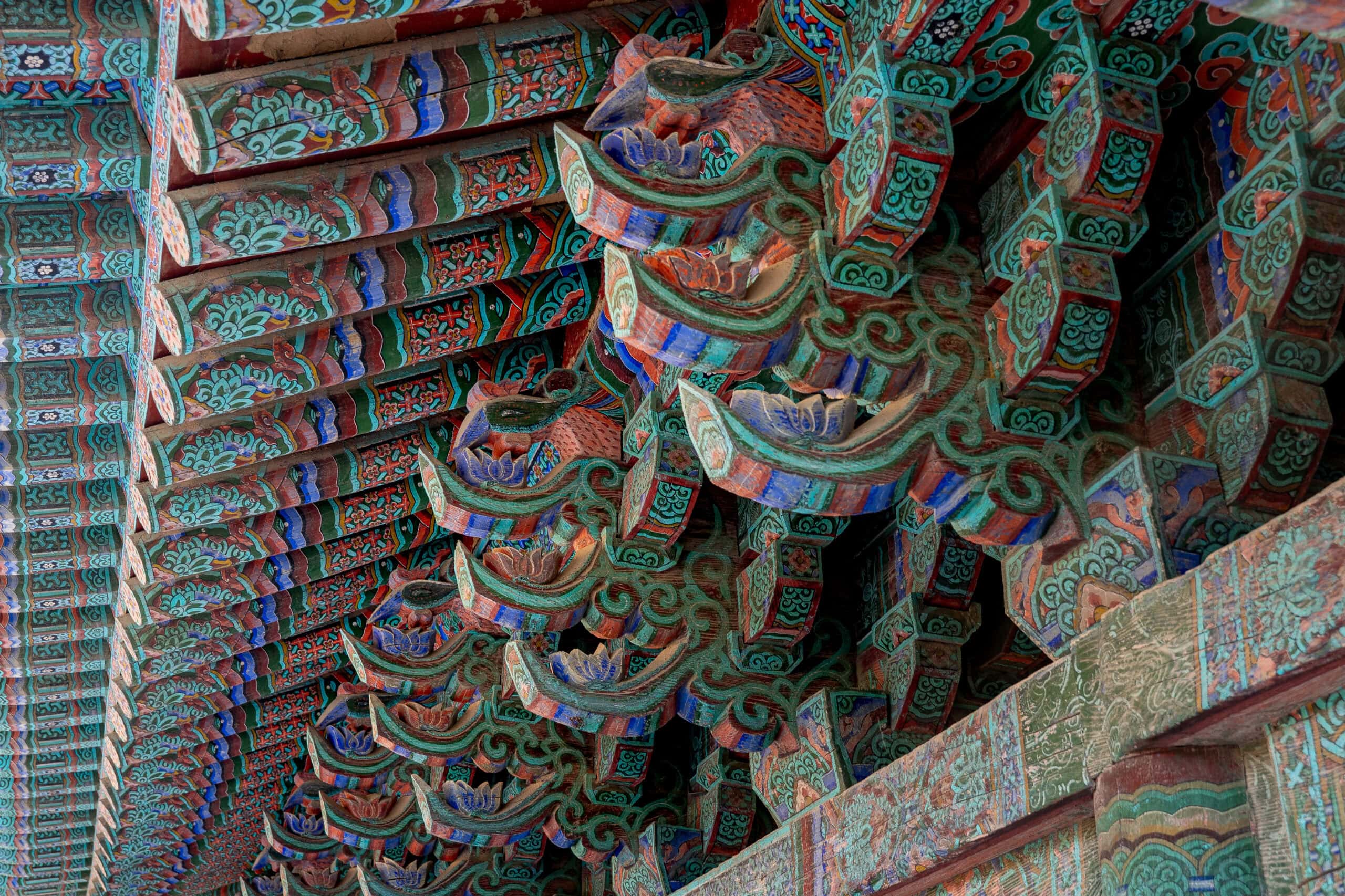 Wooden eaves and painted roof details at Bulguksa Temple