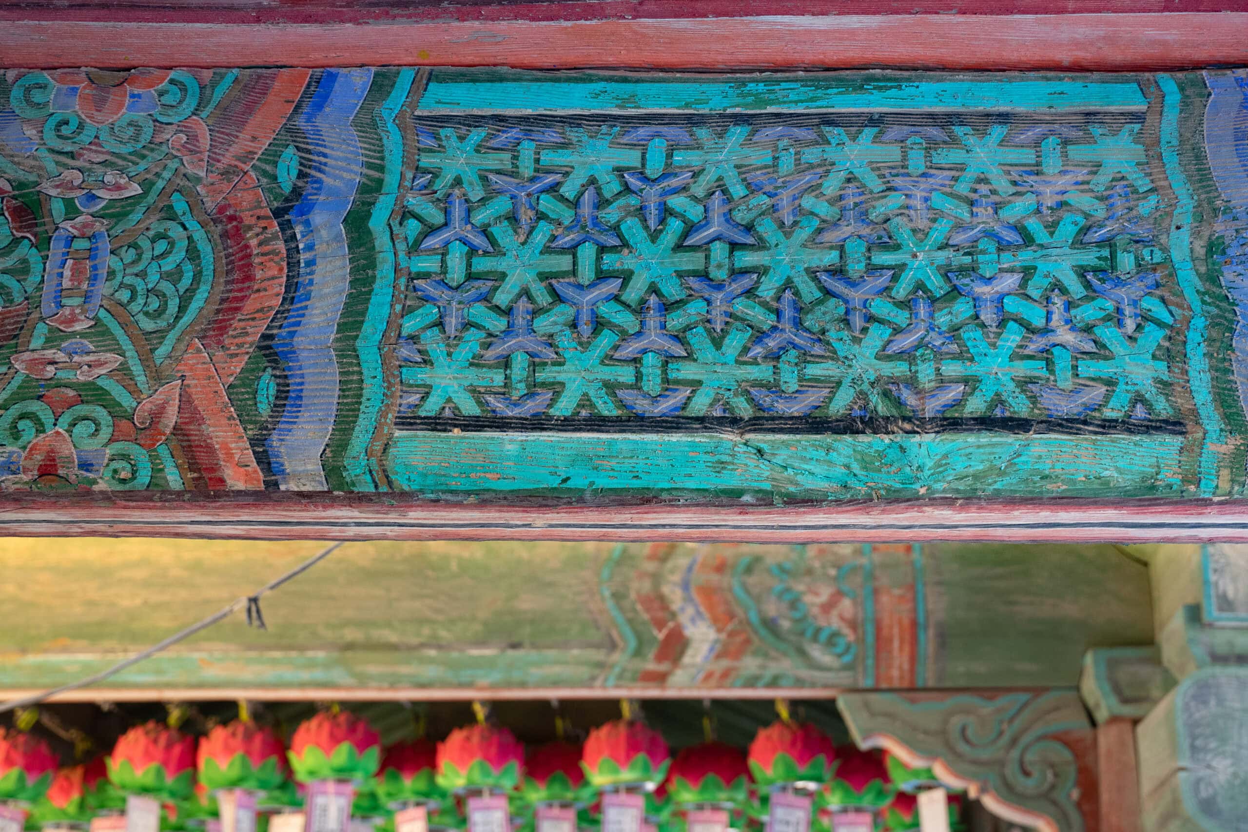 Intricate ceiling paintings at Bulguksa Temple