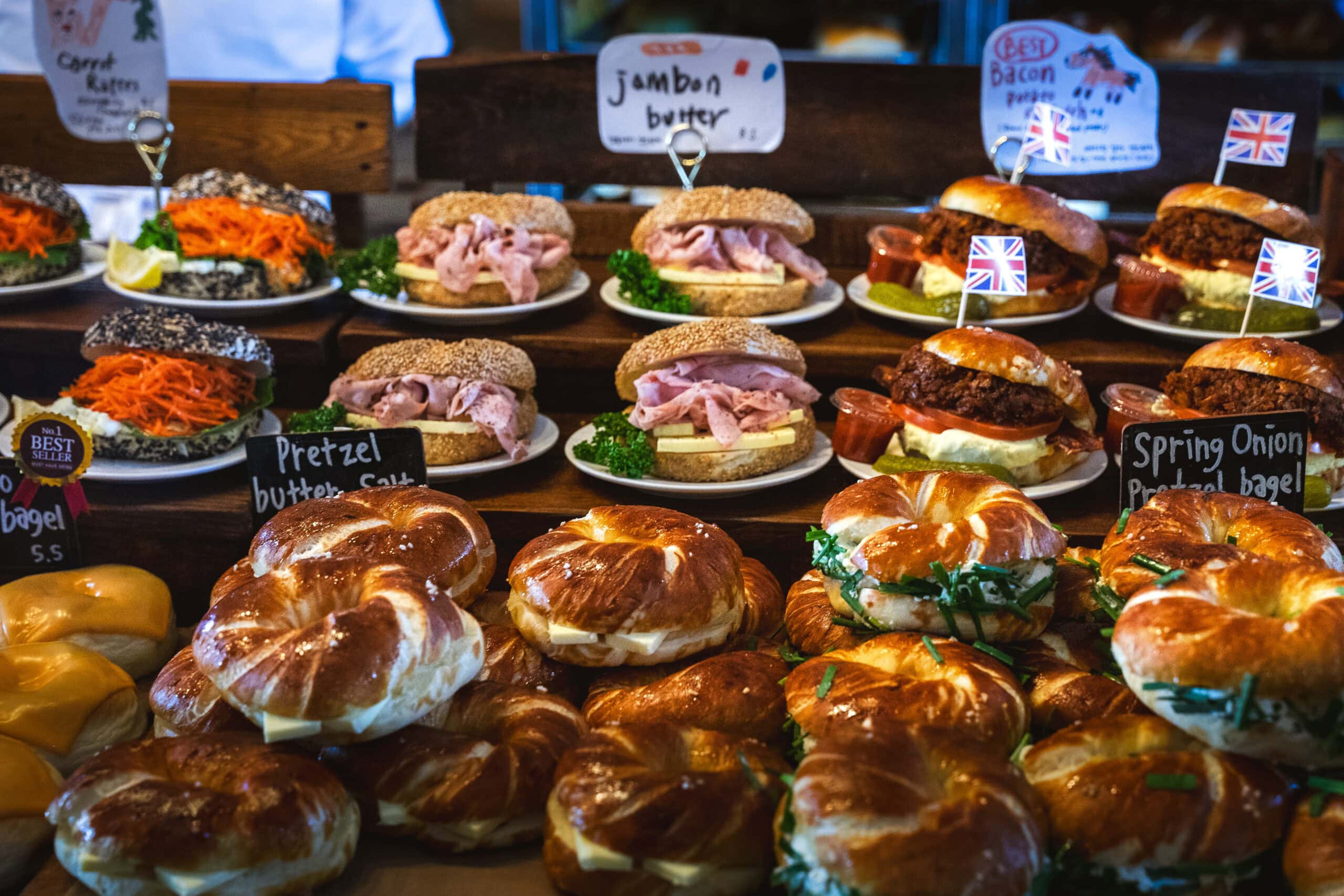 Display of loaded gourmet bagels at London Bagel Museum in Anguk, a popular spot for the open run bakery craze in Seoul.