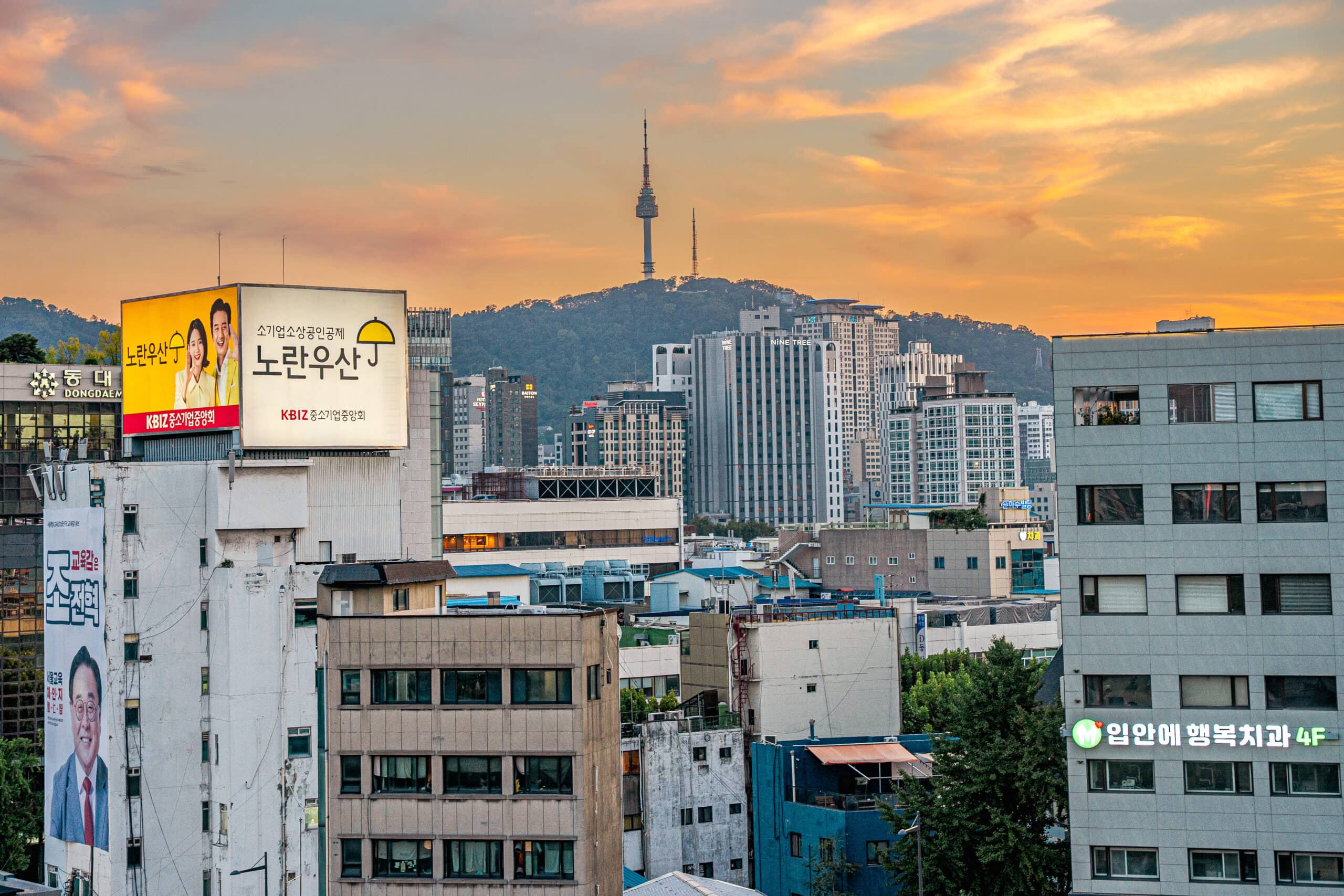 N Seoul tower seen at sunset from Dongdaemun