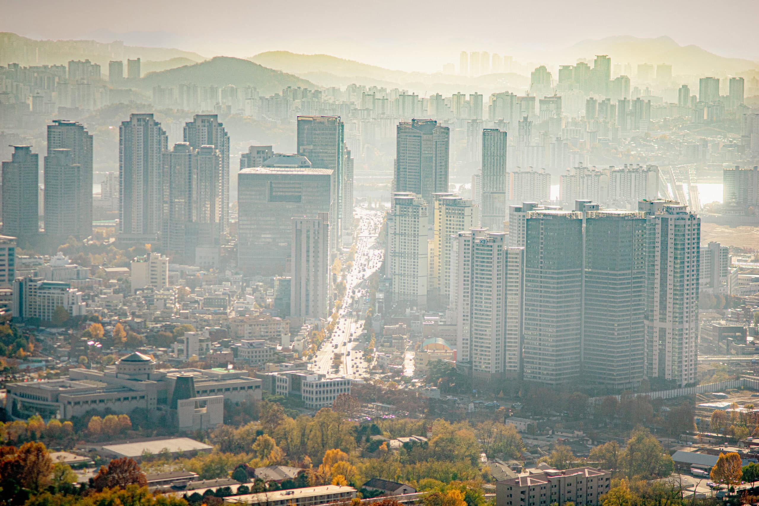 A view of Seoul's skyscrapers stretching to the horizon, seen from Namsan tower