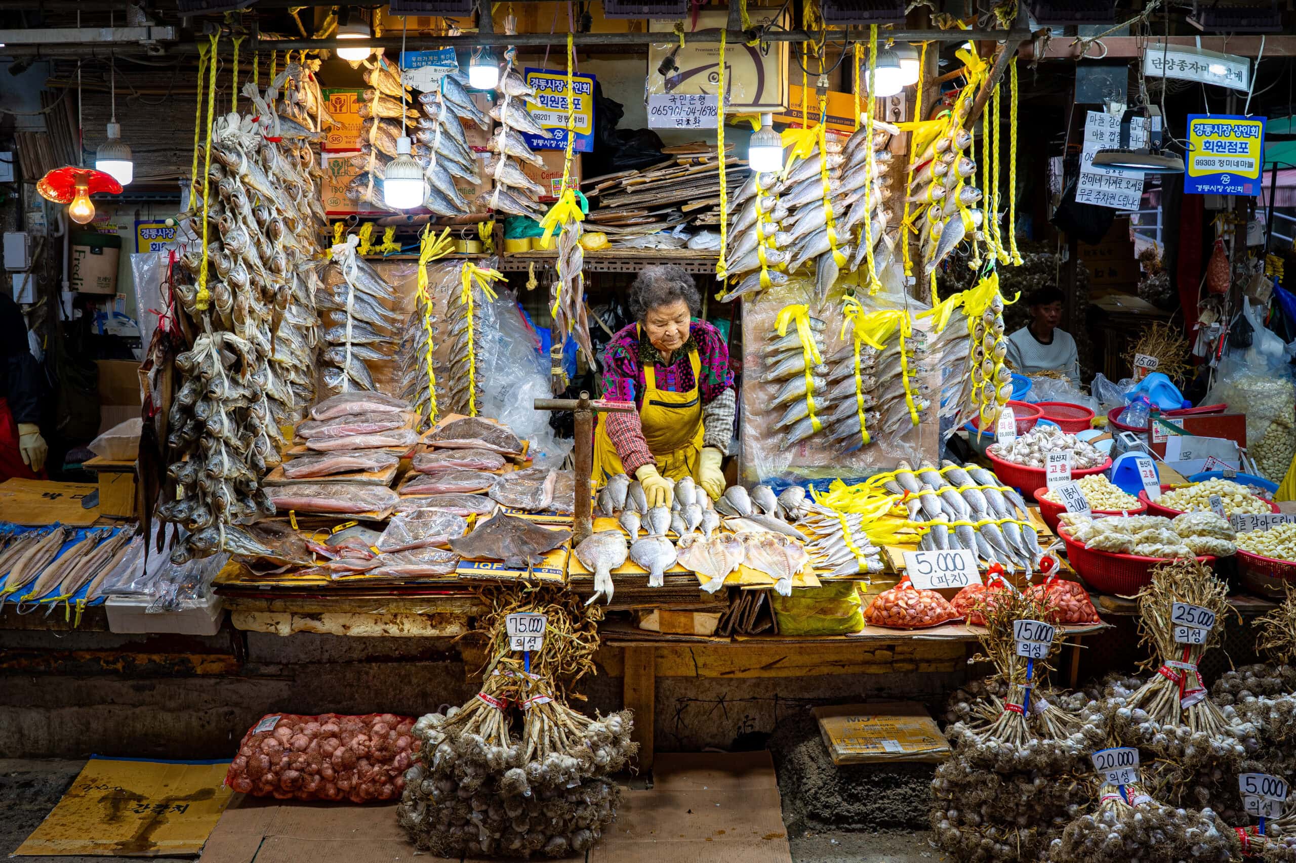 An elder women vendor aranges her dried fish display inside Gyeongdong market