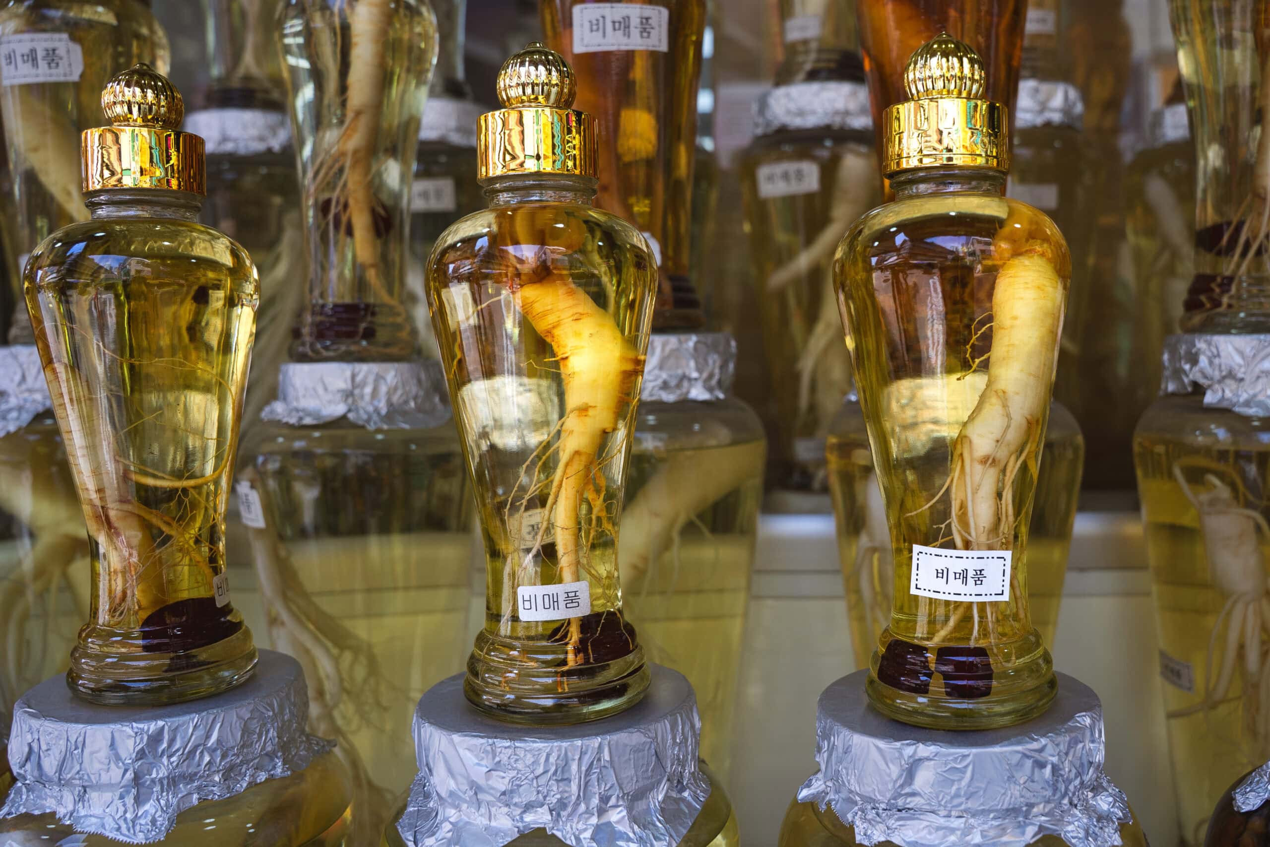 jars of ginseng roots at Namdaemun market in Seoul