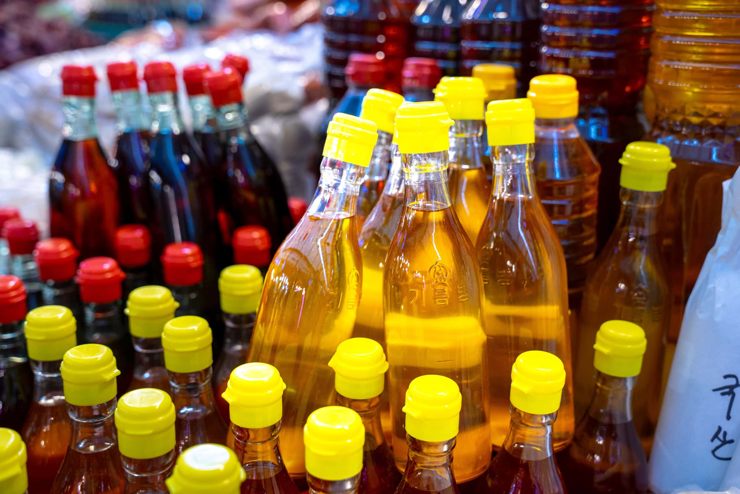 bottles of sesame seed and perilla seed oil for sale at Gyeongdong Market
