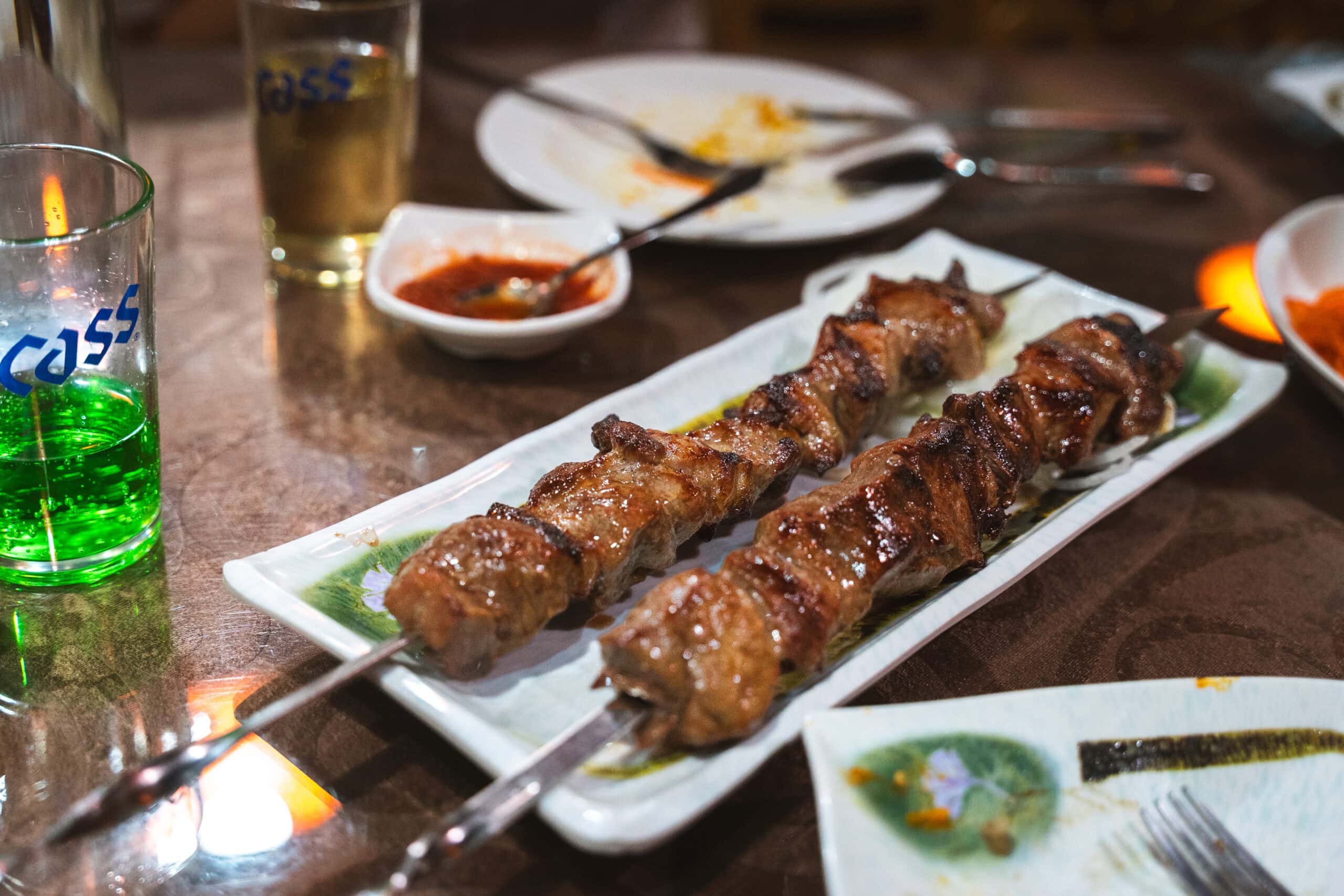 Sashlik (central asian meat skewers) at an Uzbek restaurant in Dongdaemun