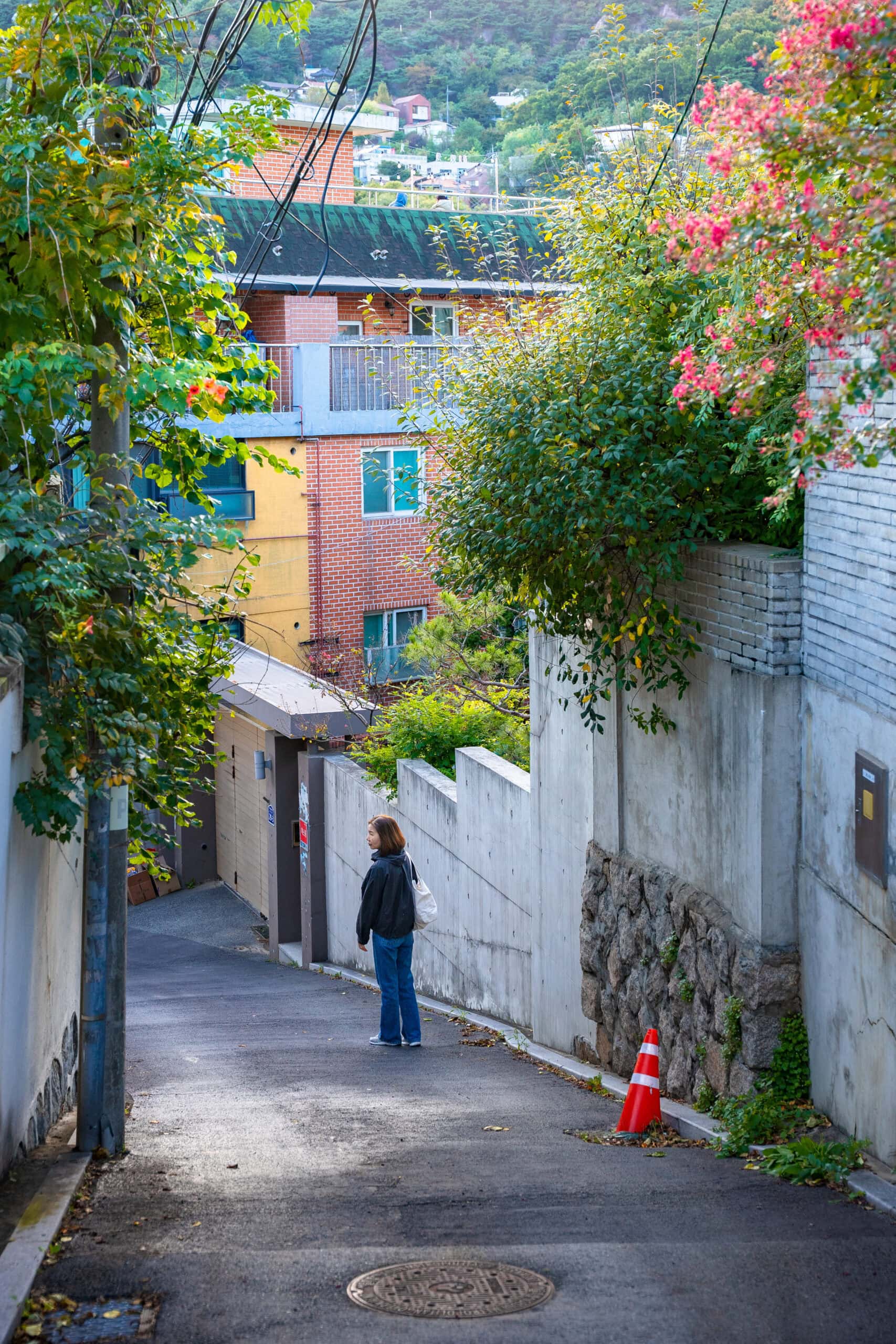 Jin walks downhill on a street in Buamdong, with green vines and flowers creeping over the walls