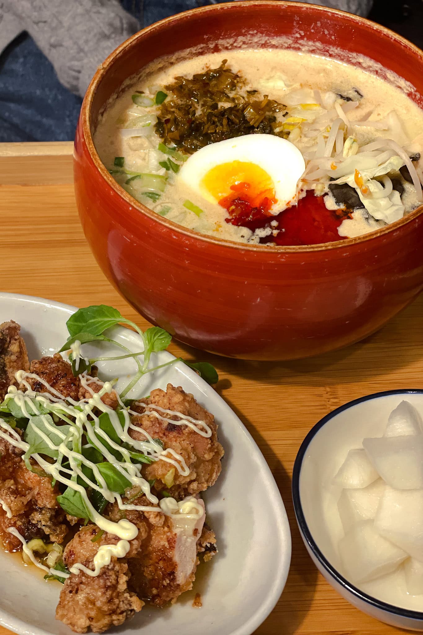 Karaage (fried chicken) and a bowl of ramen topped with a soft boiled egg that we had for dinner at Mom's Kitchen in Buam-dong