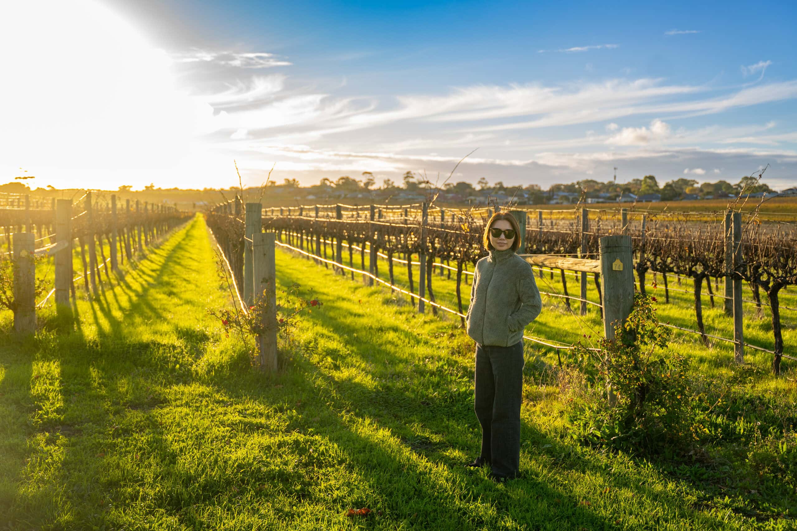 Jin standing between vines in Mclaren Vale in the late afternoon