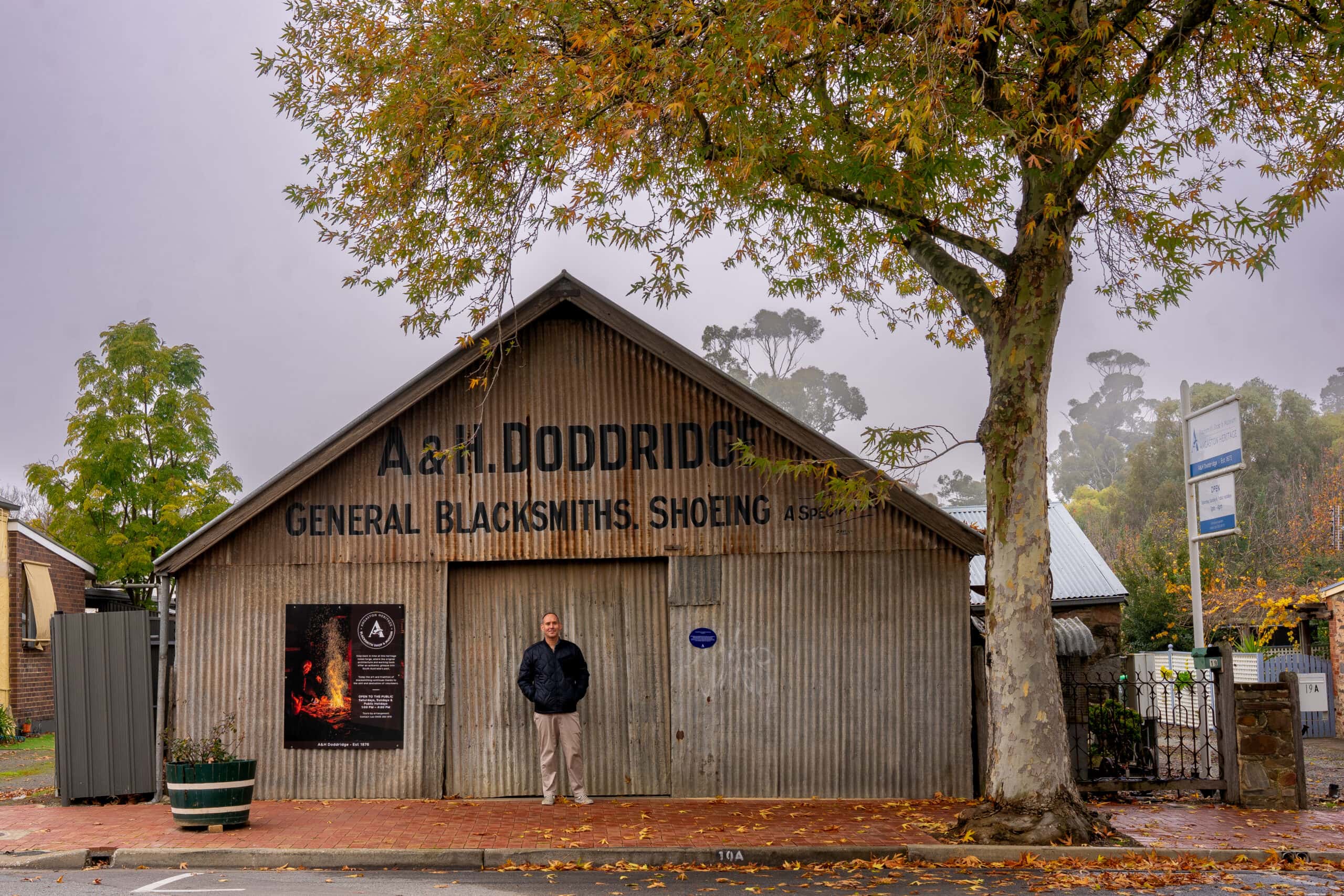 I am standing in front of the A&H Doddridge Blacksmith in Angaston, Barossa Valley