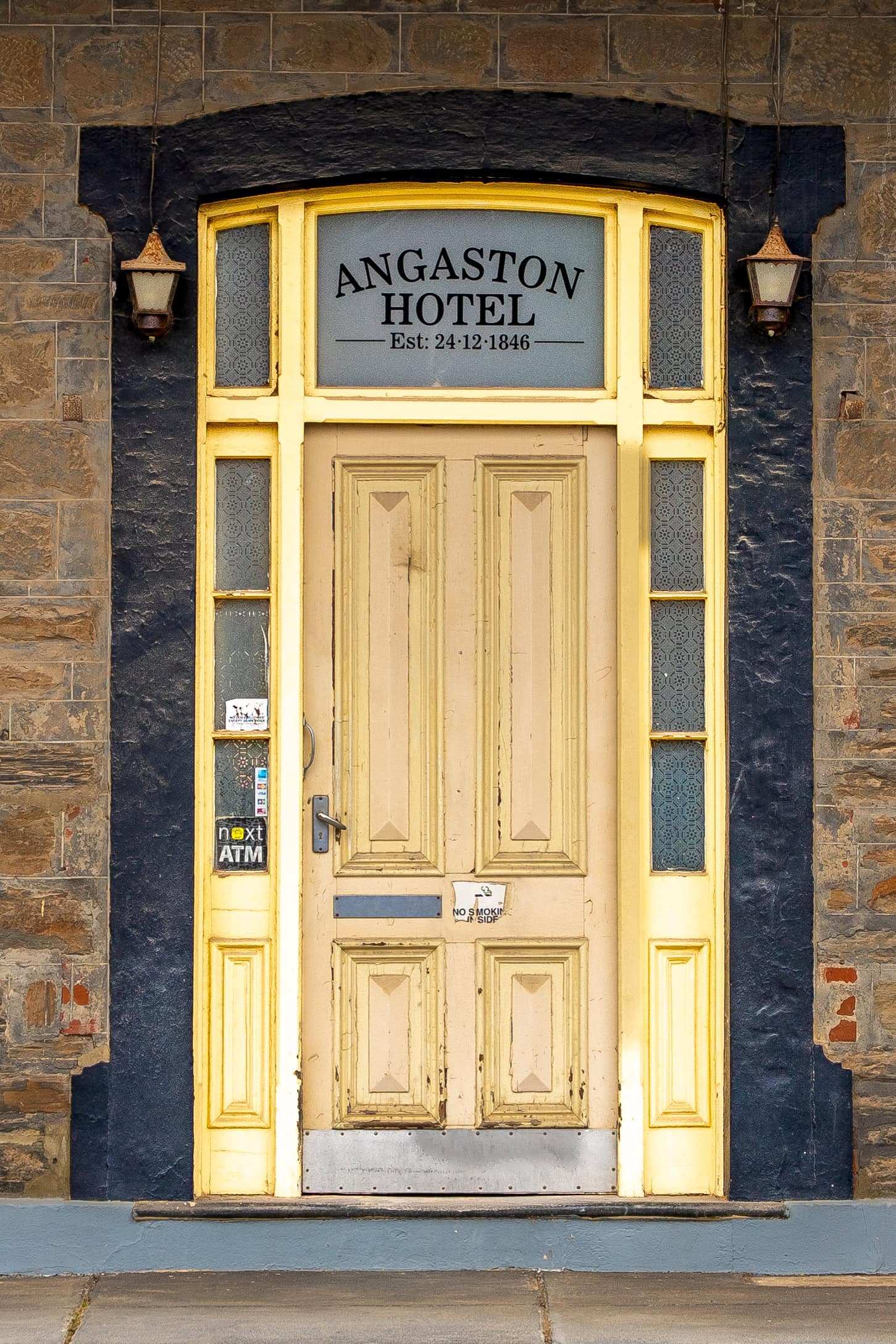 A door to the Angaston Hotel. The sign says it was established on 24.12.1846