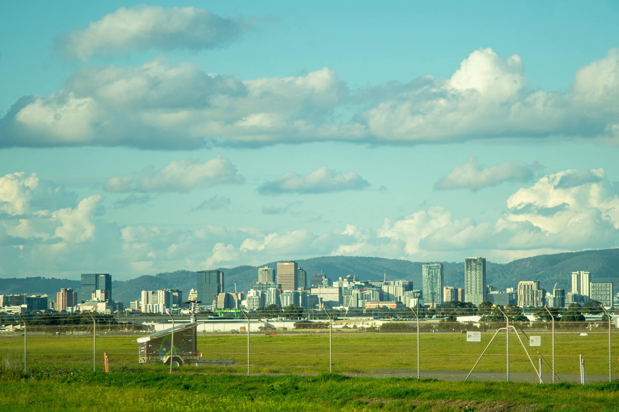 Adelaide CBD on a winter afternoon, seen from the airport