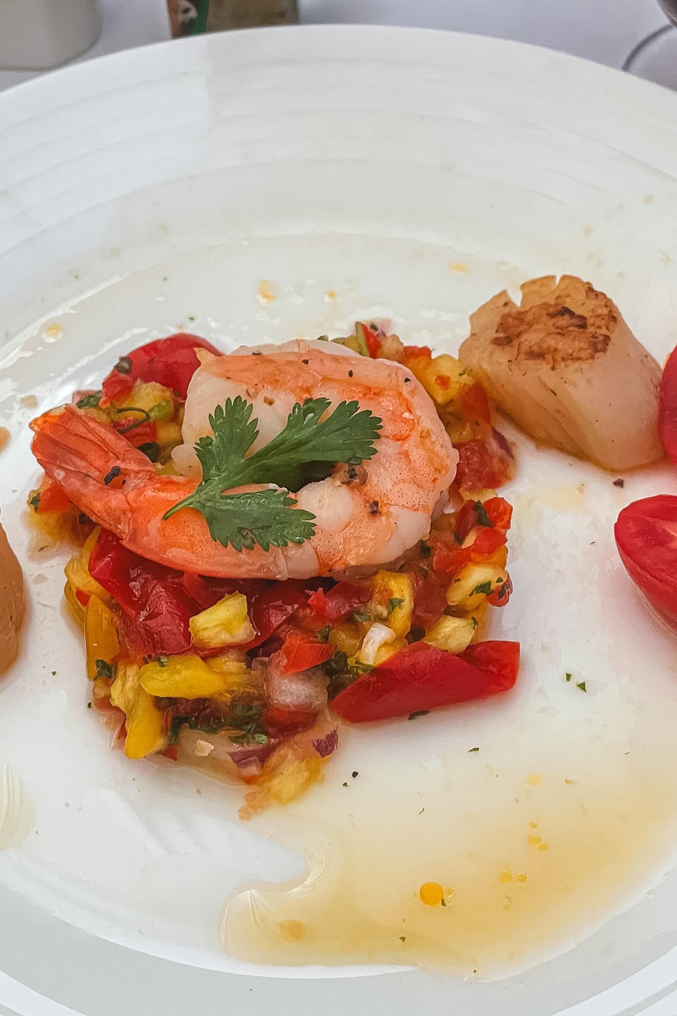 Shrimp and scallop with mango salsa starter on Ethiopian Airlines Business Class